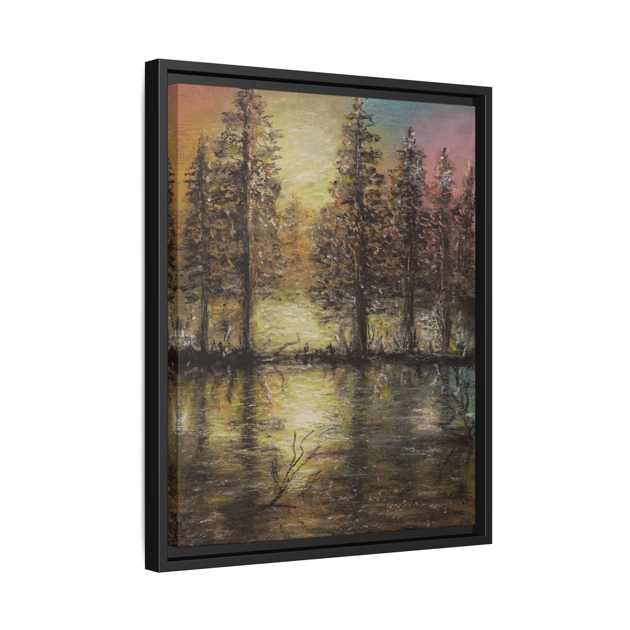 Framed Matte Canvas Wall Art — Sunset Forest Reflection
