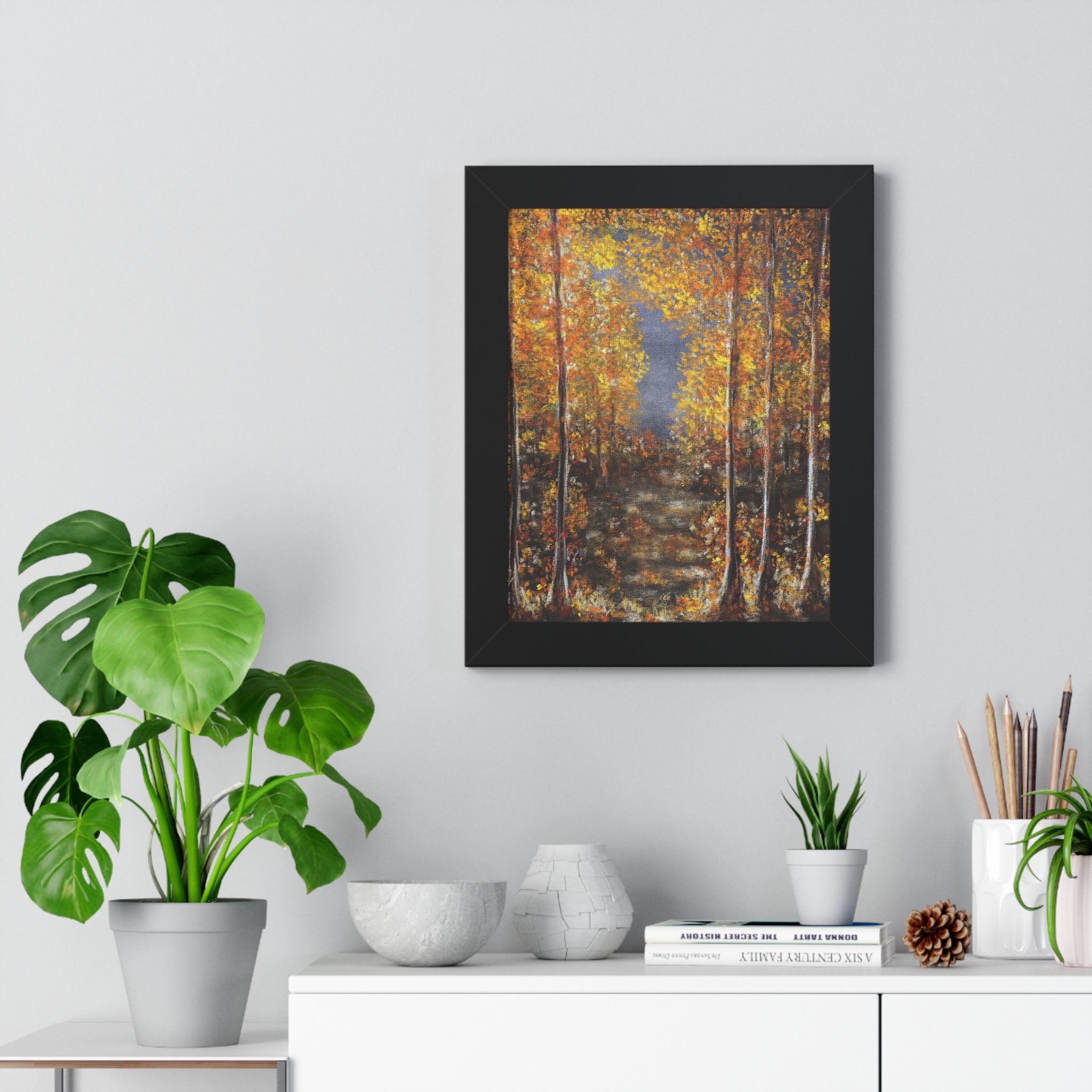 Autumn Birch Forest Framed Vertical Poster – Fall Landscape Wall Art