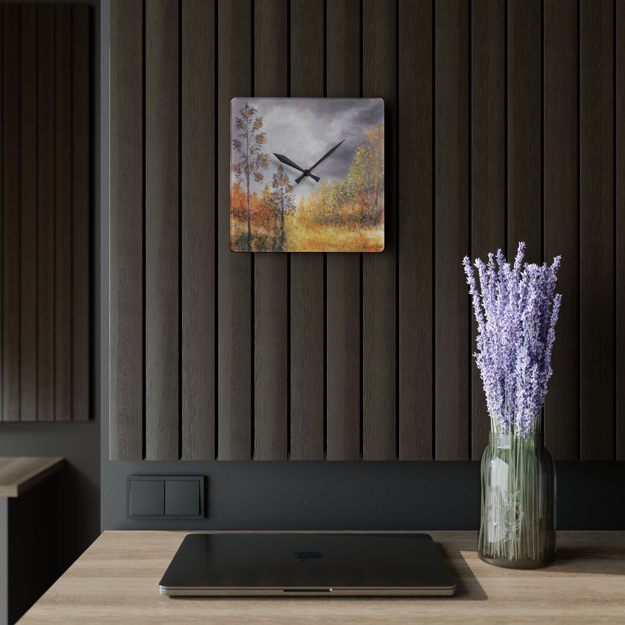 Autumn Meadow Acrylic Wall Clock – Moody Fall Landscape Home Decor