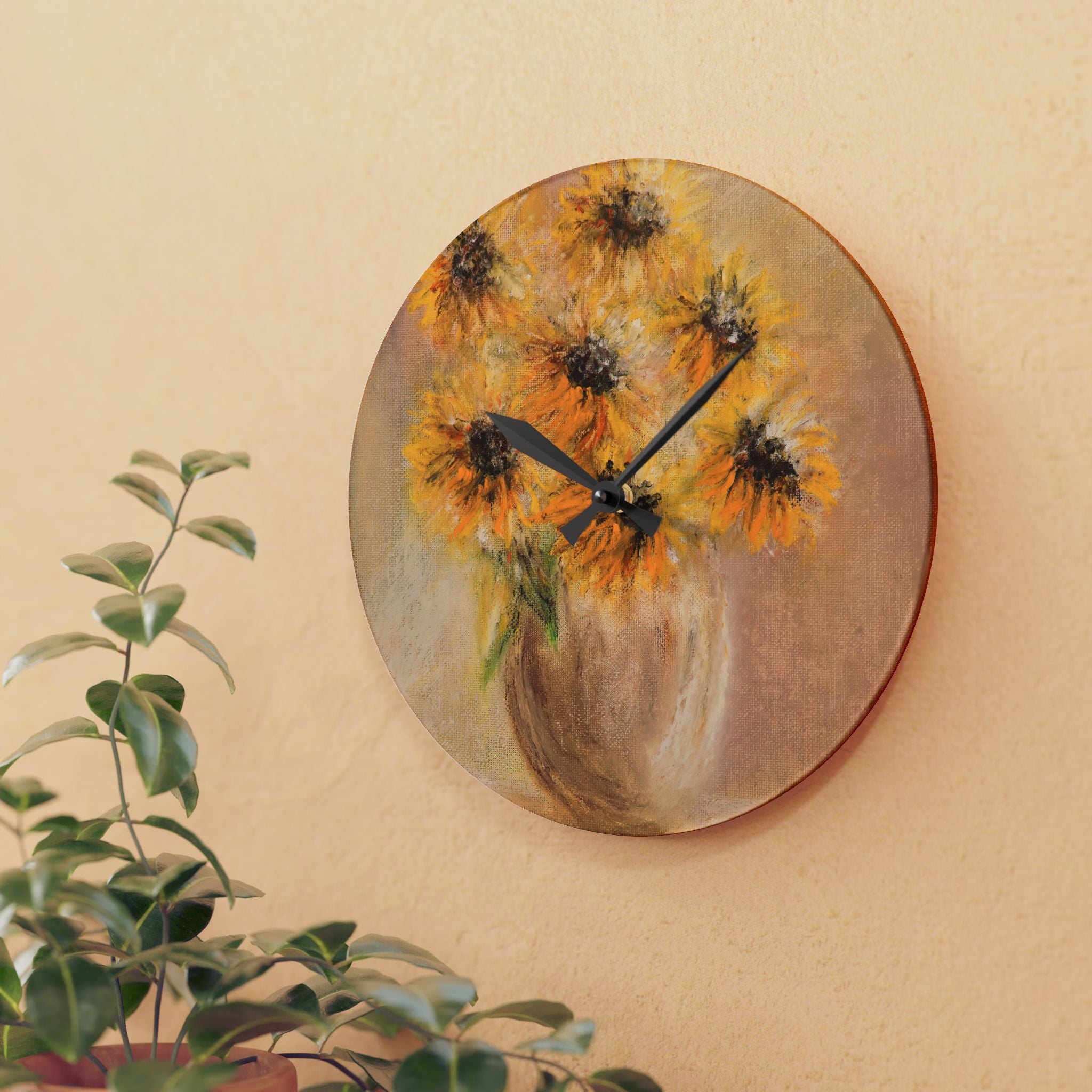 Acrylic Wall Clock — Sunflower Vase Art Clock, Rustic Floral Home Decor