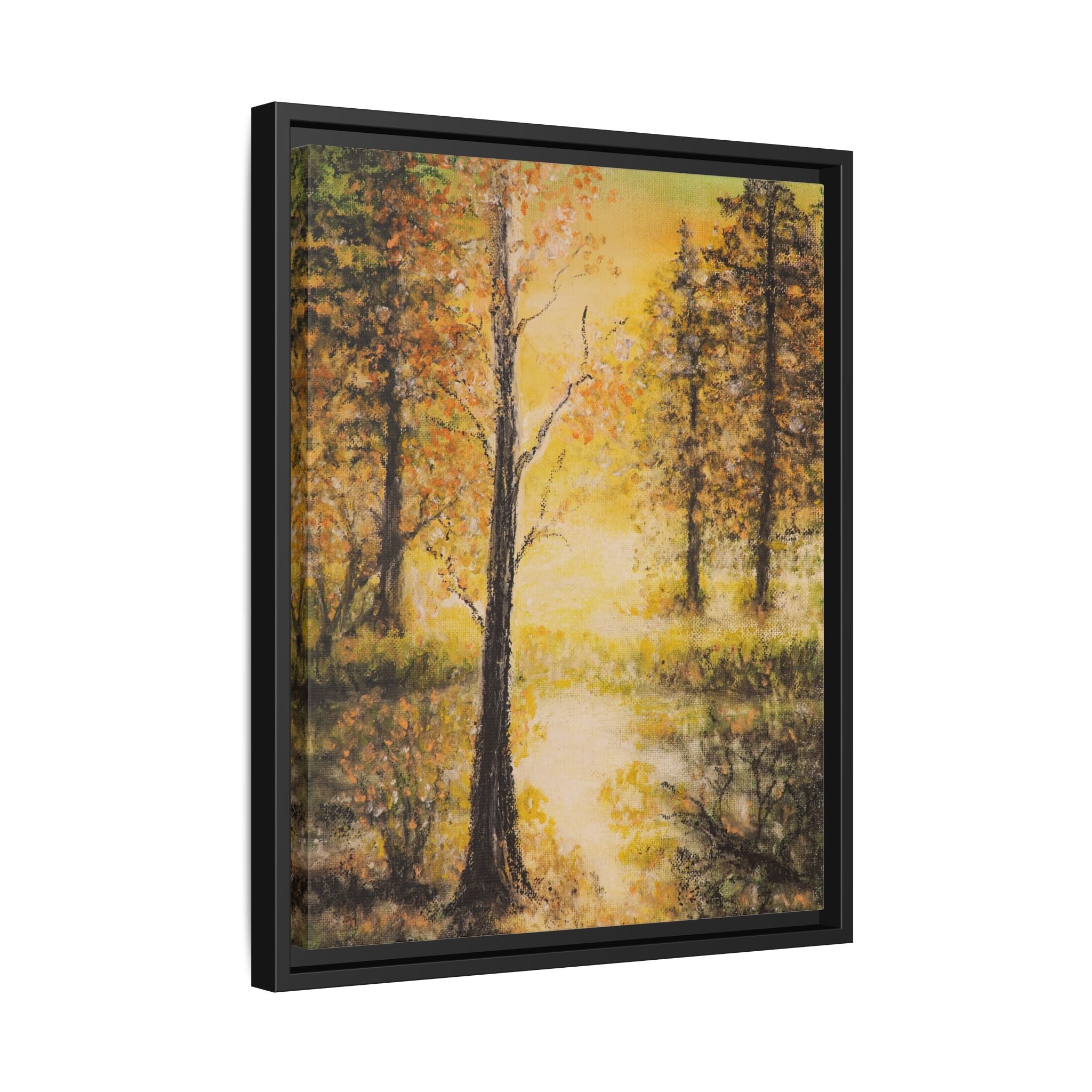 Framed Autumn Forest Canvas Print — Golden Lakeside Wall Art