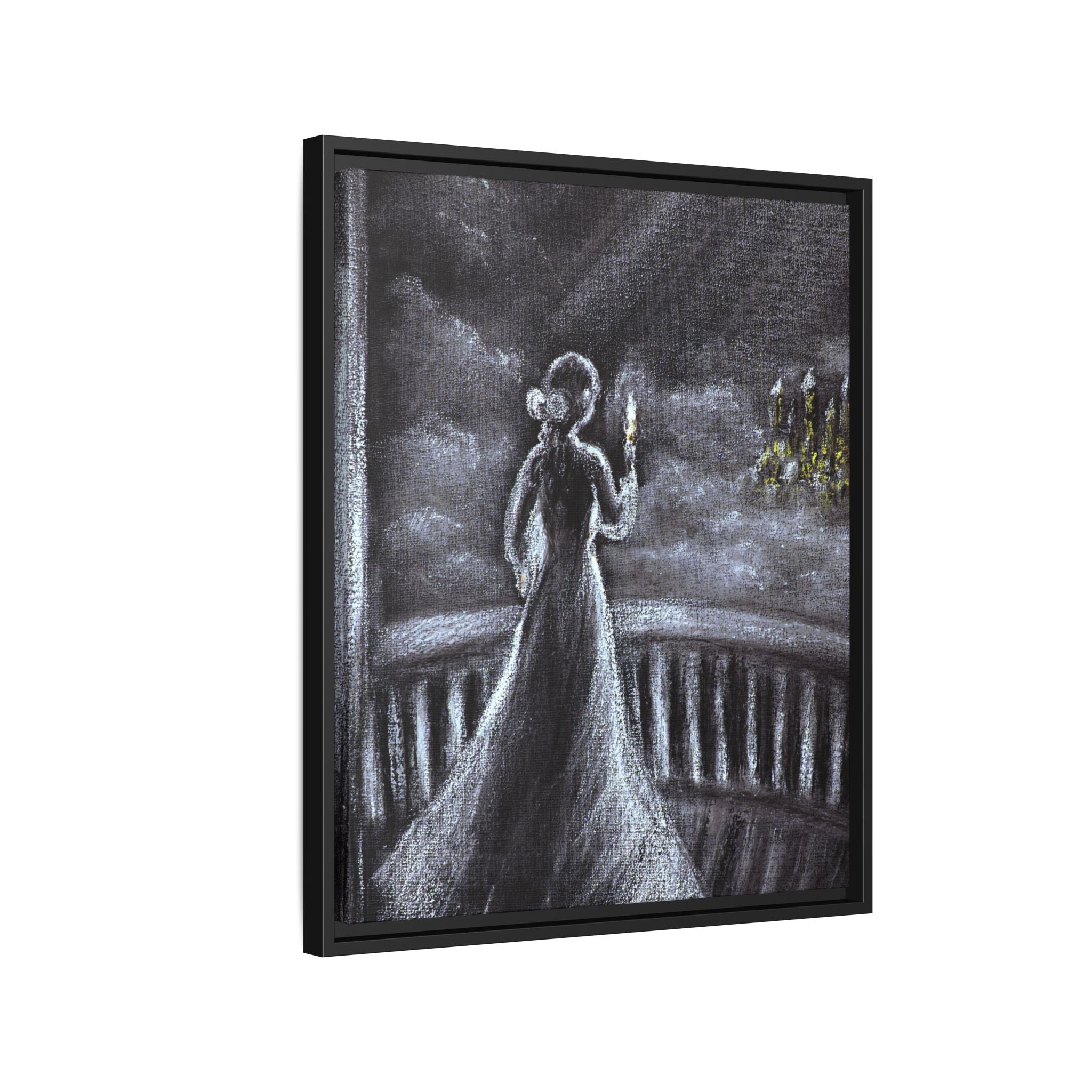Framed Matte Canvas — Moonlit Lady on Balcony