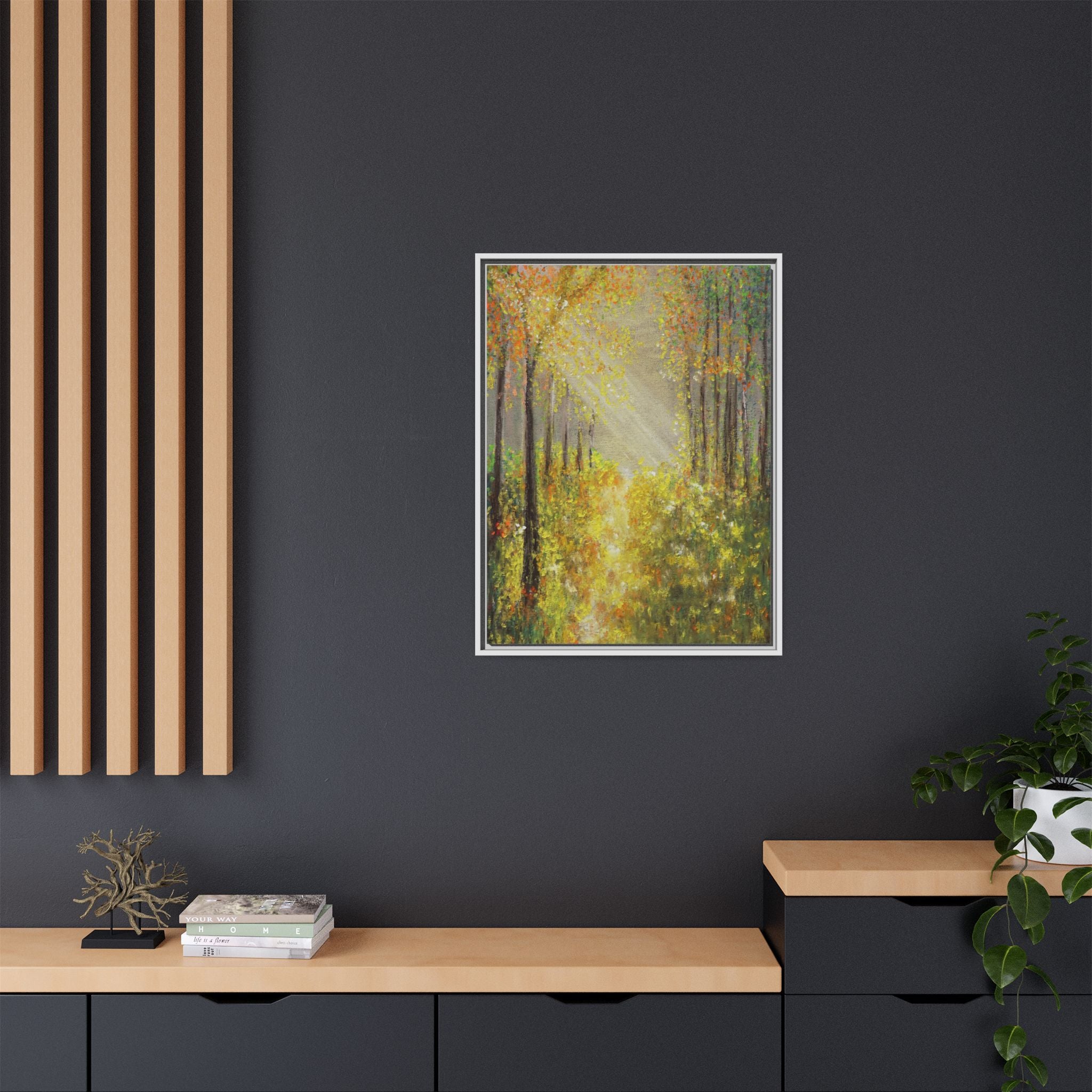 Sunlit Forest Path Framed Canvas Art — Autumn Woodland Wall Decor
