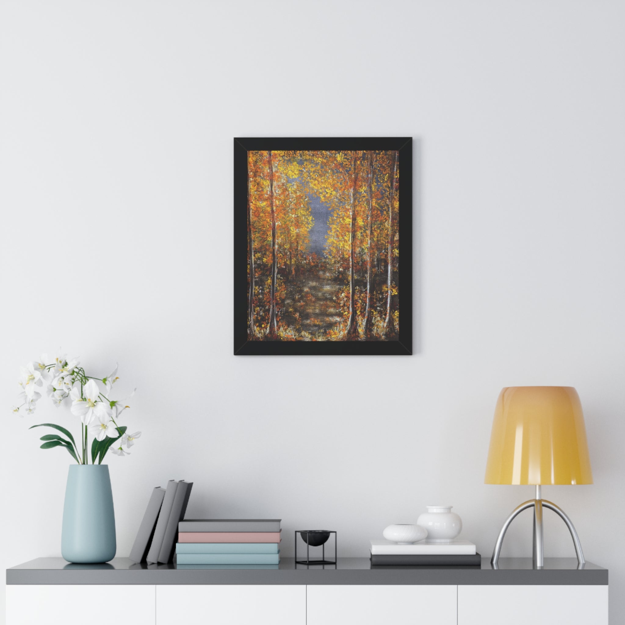 Autumn Birch Forest Framed Vertical Poster – Fall Landscape Wall Art