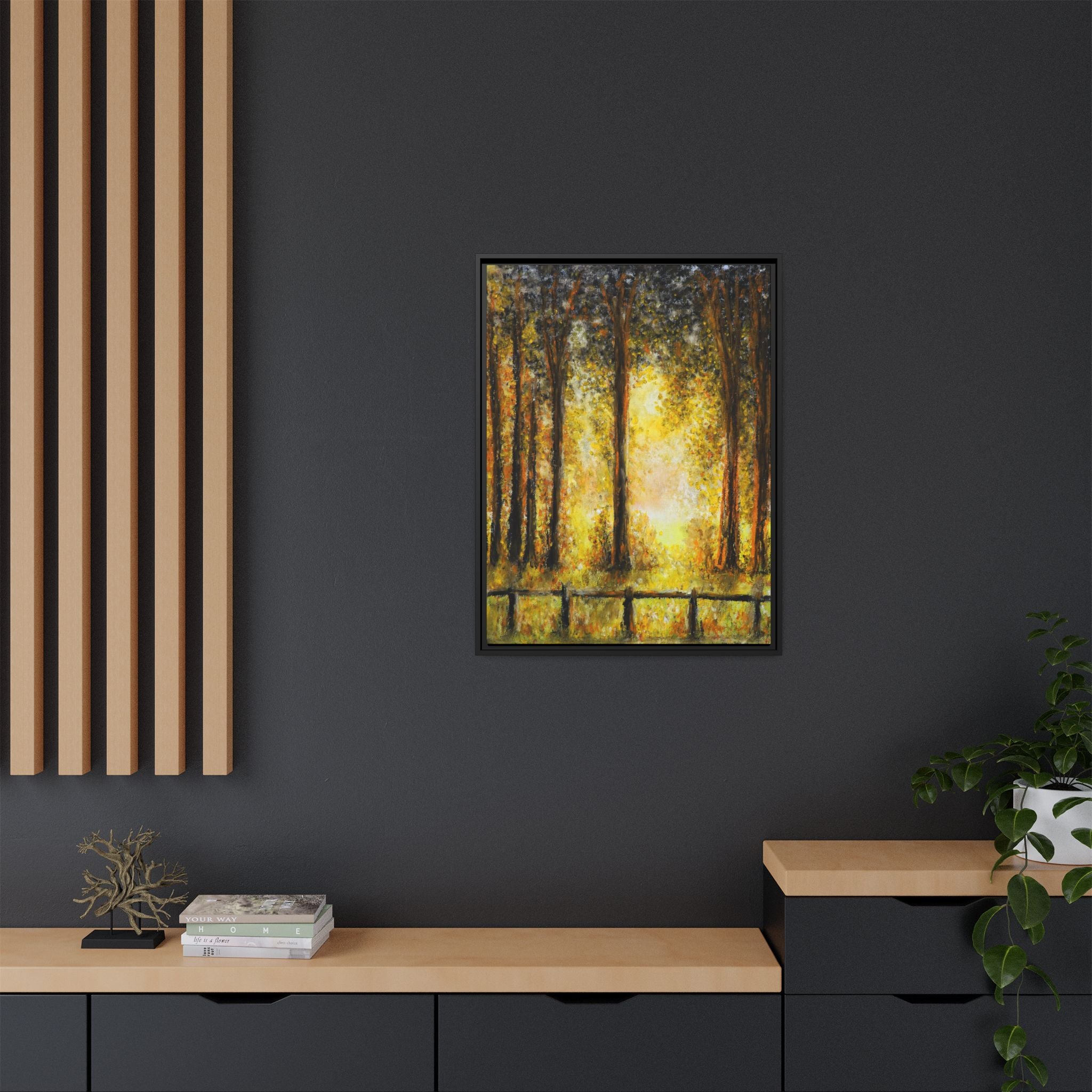 Framed Matte Canvas Art – Golden Forest Sunrise Landscape