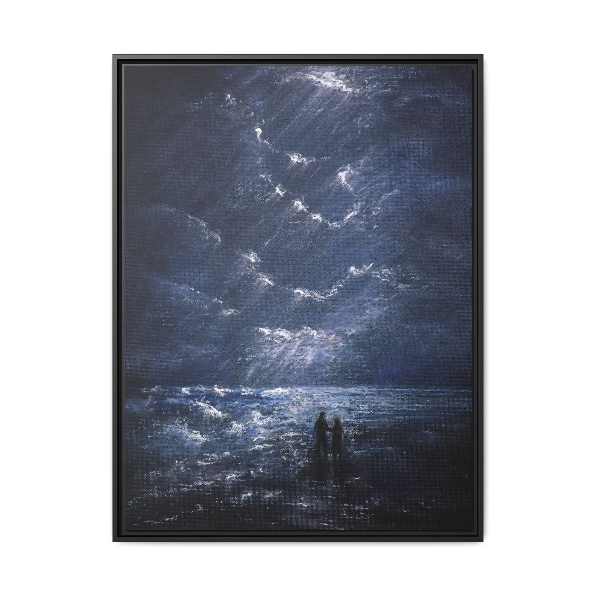 Couple on Shore at Night - Framed Canvas Art