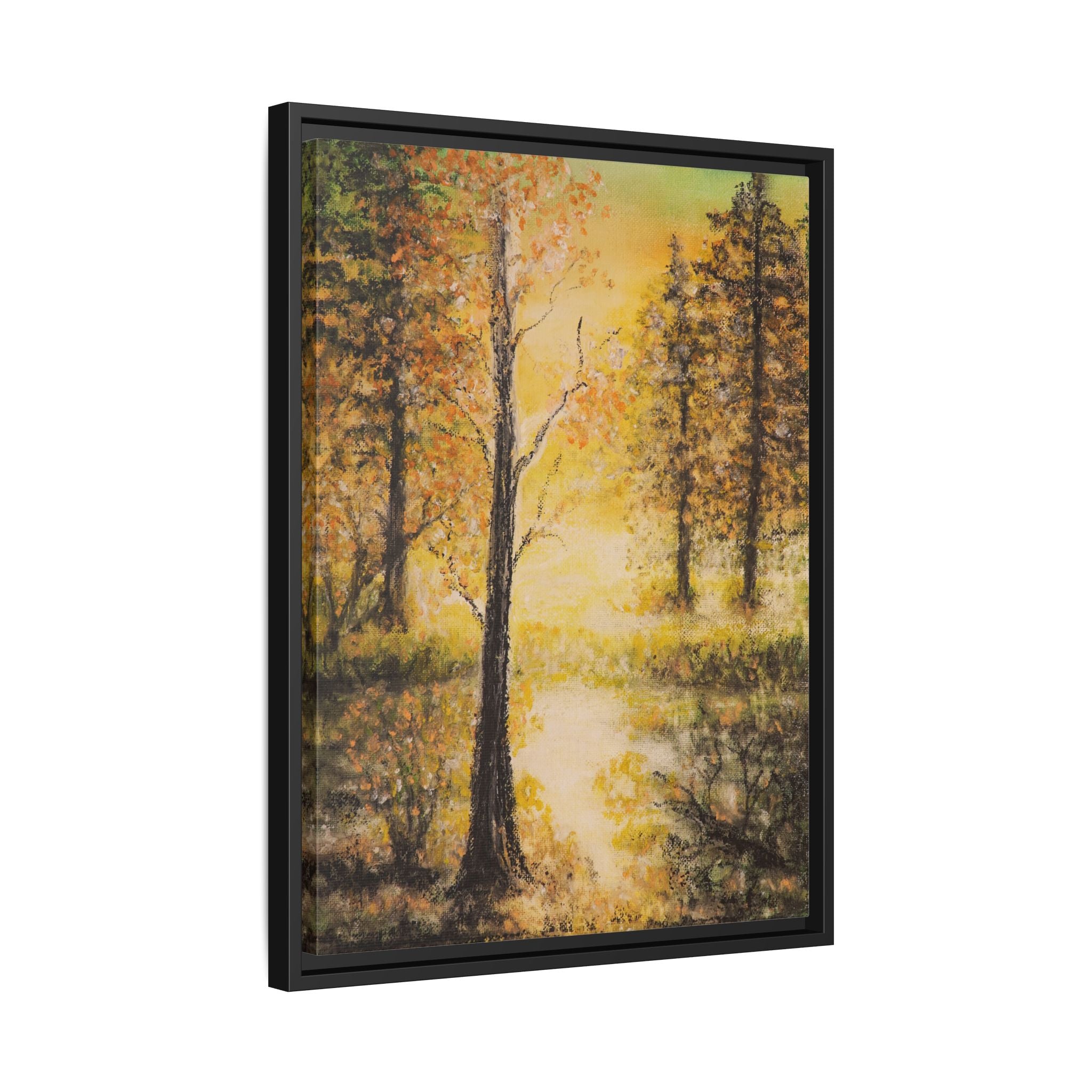 Framed Autumn Forest Canvas Print — Golden Lakeside Wall Art
