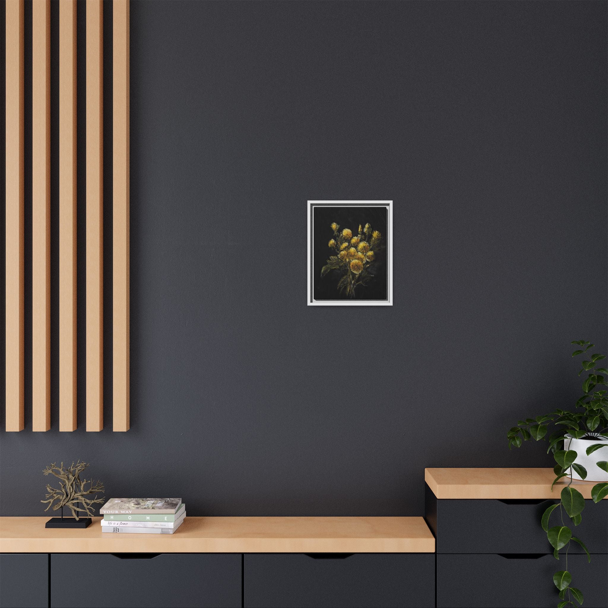 Framed Matte Canvas Print — Yellow Wildflower Bouquet on Black (Botanical Wall Art)
