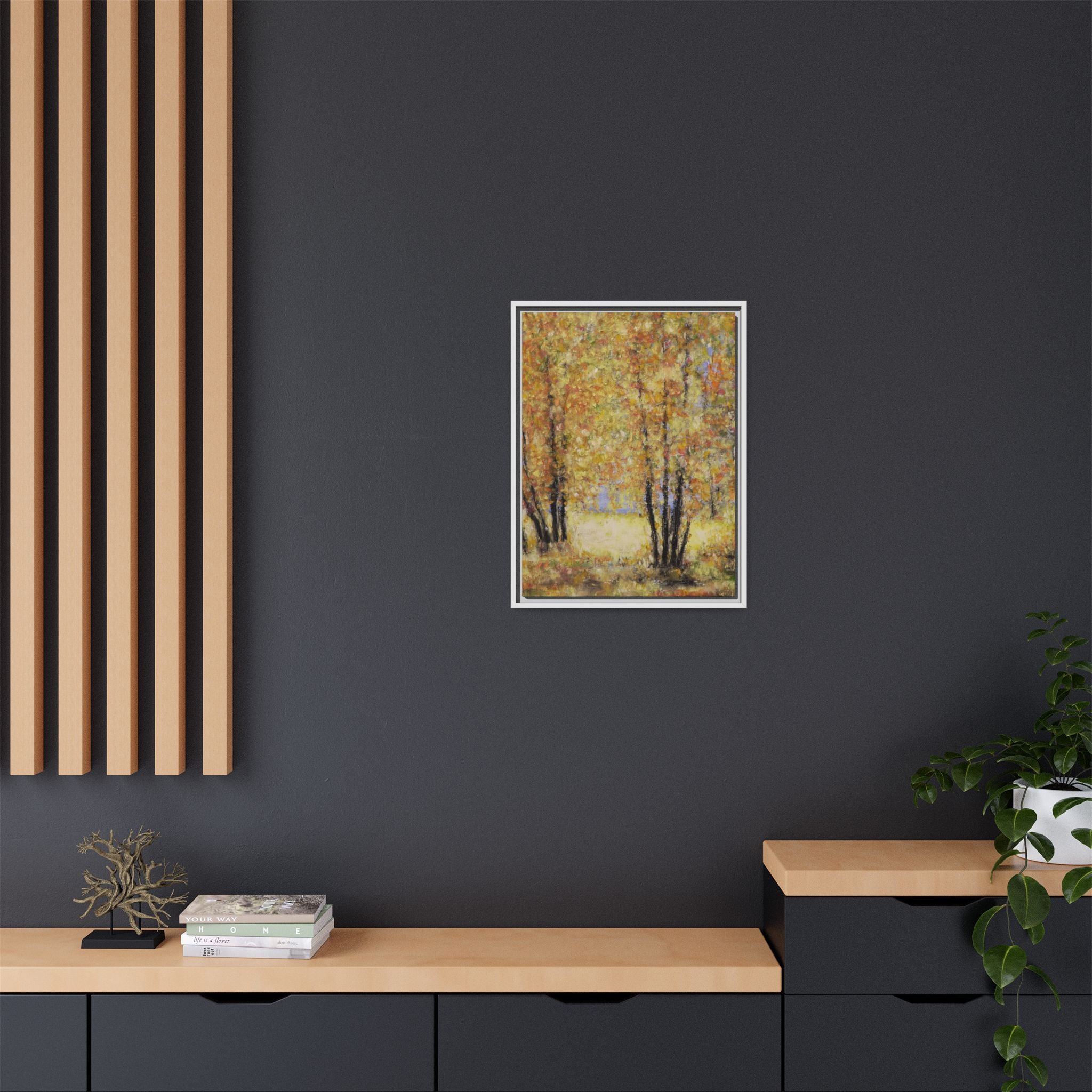 Framed Matte Canvas Autumn Forest Wall Art — Golden Trees Landscape Print