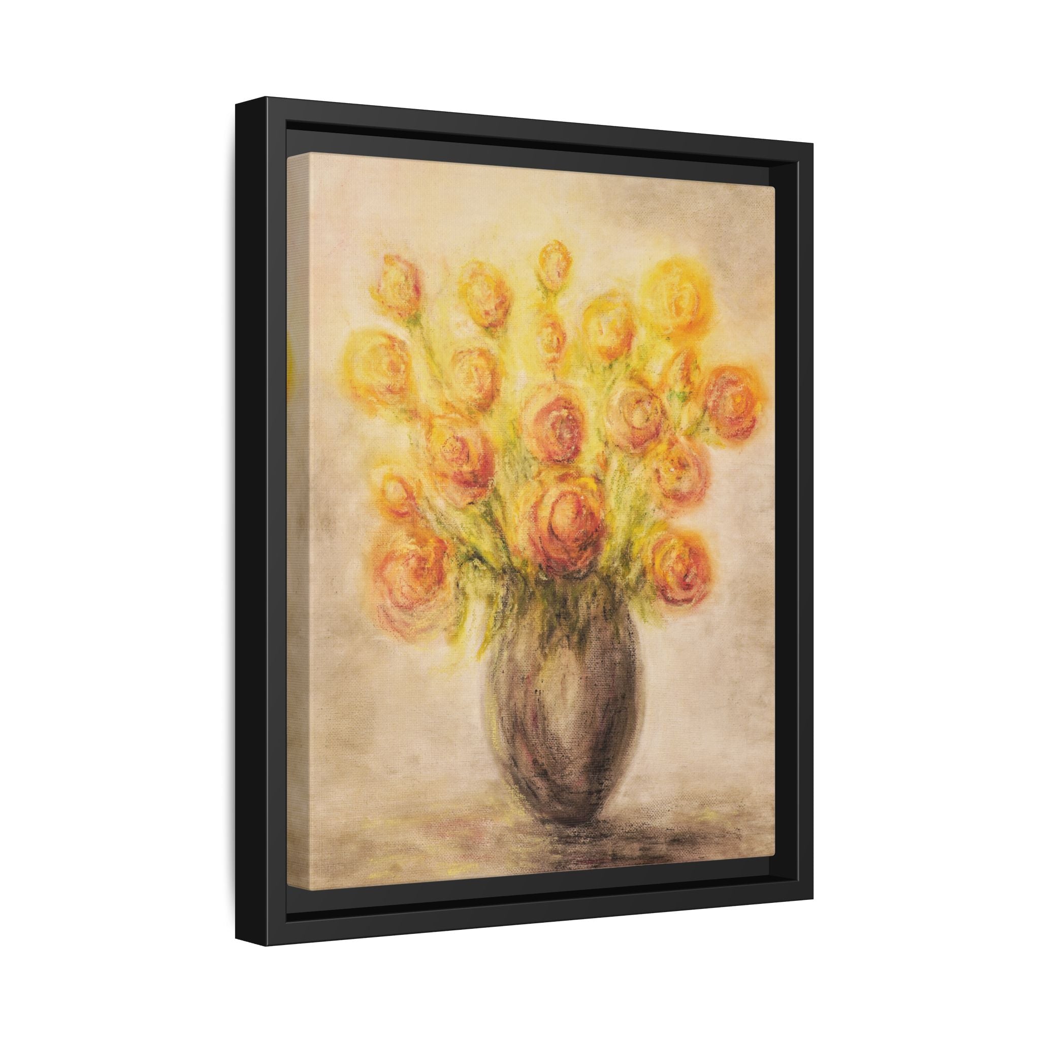 Framed Matte Canvas Floral Bouquet Wall Art — Yellow Rose Vase Print