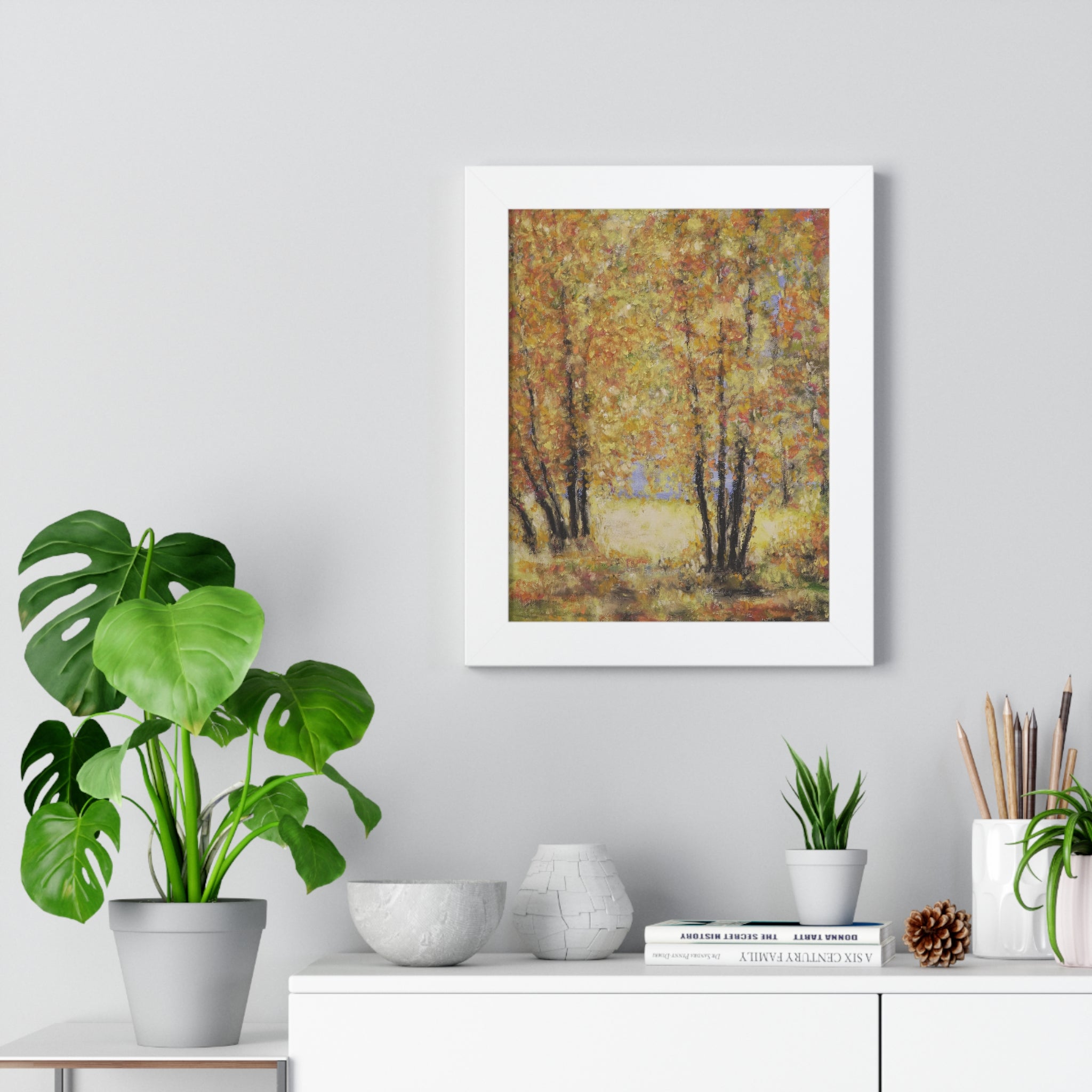 Autumn Grove Framed Poster — Vertical Fall Landscape Wall Art