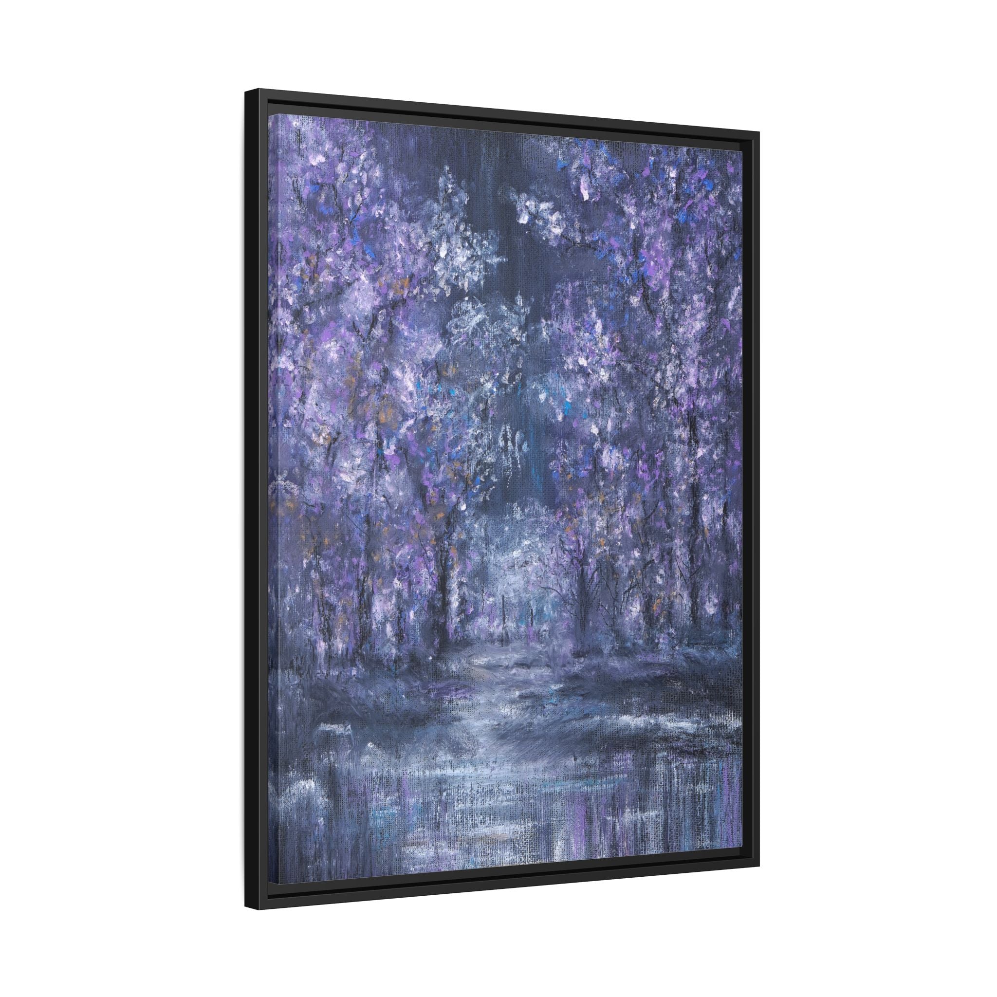Framed Matte Canvas Art – Lavender Forest Moonlit Landscape