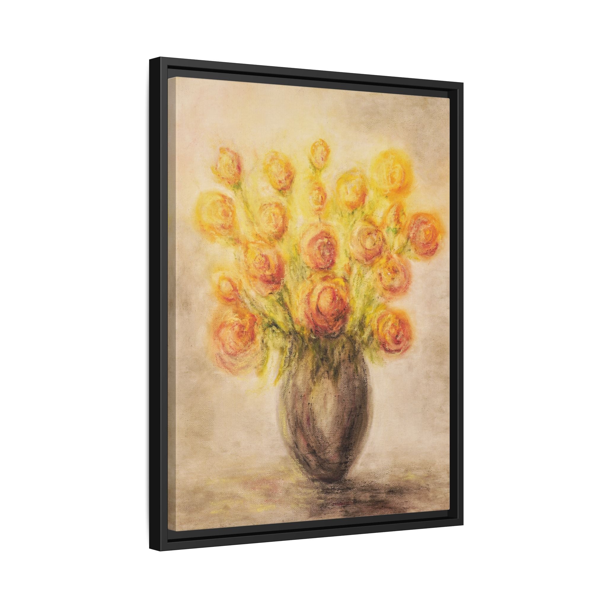 Framed Matte Canvas Floral Bouquet Wall Art — Yellow Rose Vase Print