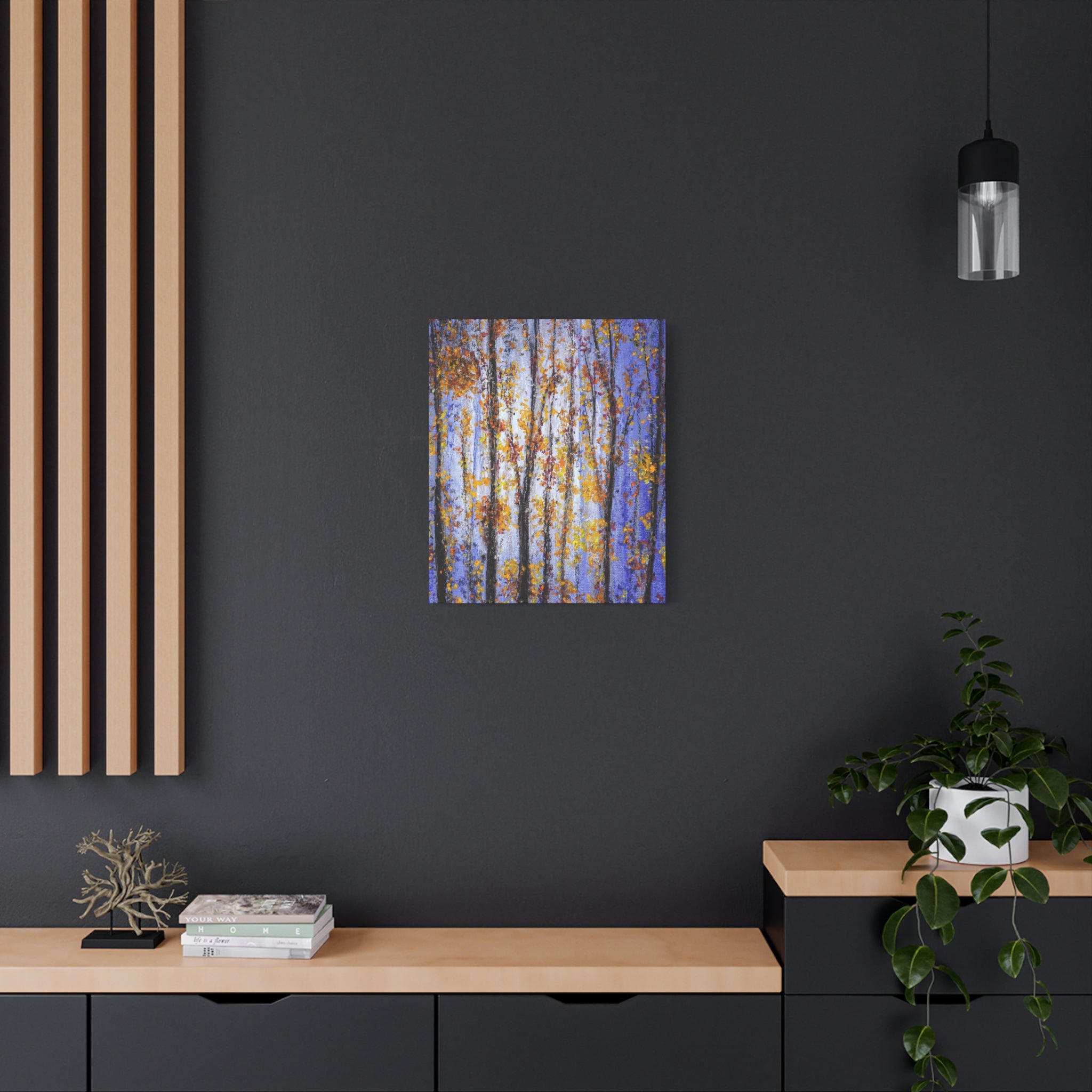 Autumn Aspens Matte Stretched Canvas – Purple & Gold Forest Wall Art (1.25")