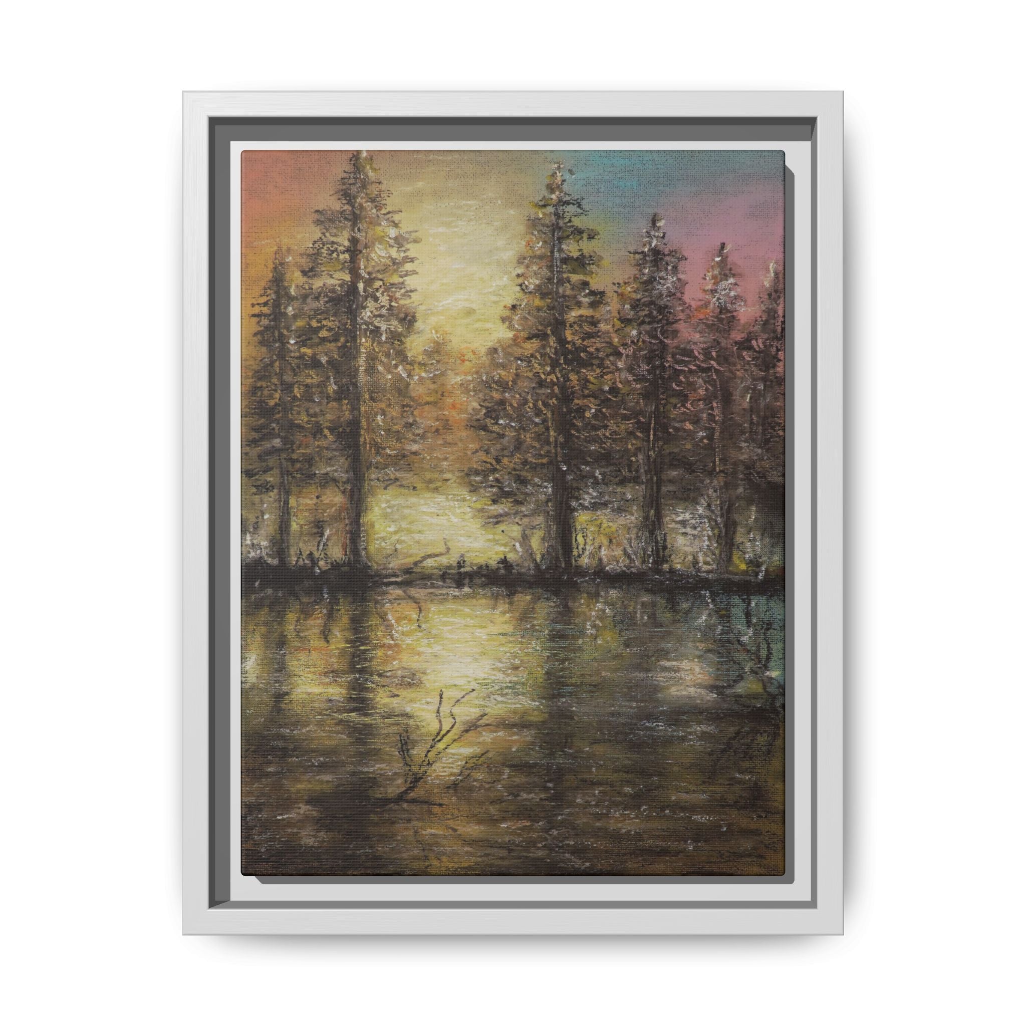 Framed Matte Canvas Wall Art — Sunset Forest Reflection