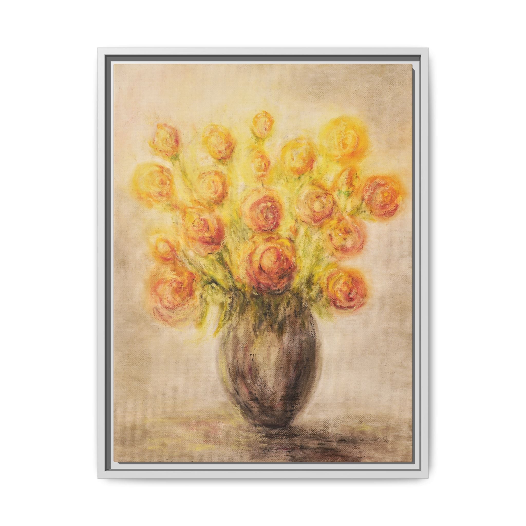 Framed Matte Canvas Floral Bouquet Wall Art — Yellow Rose Vase Print