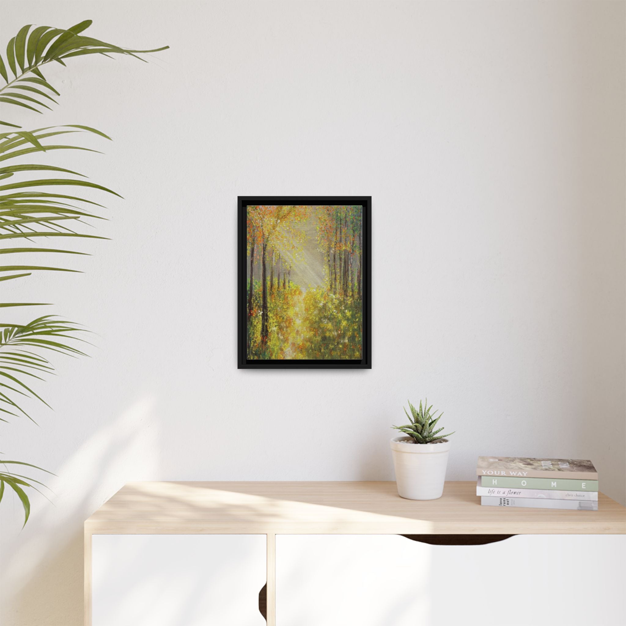 Sunlit Forest Path Framed Canvas Art — Autumn Woodland Wall Decor