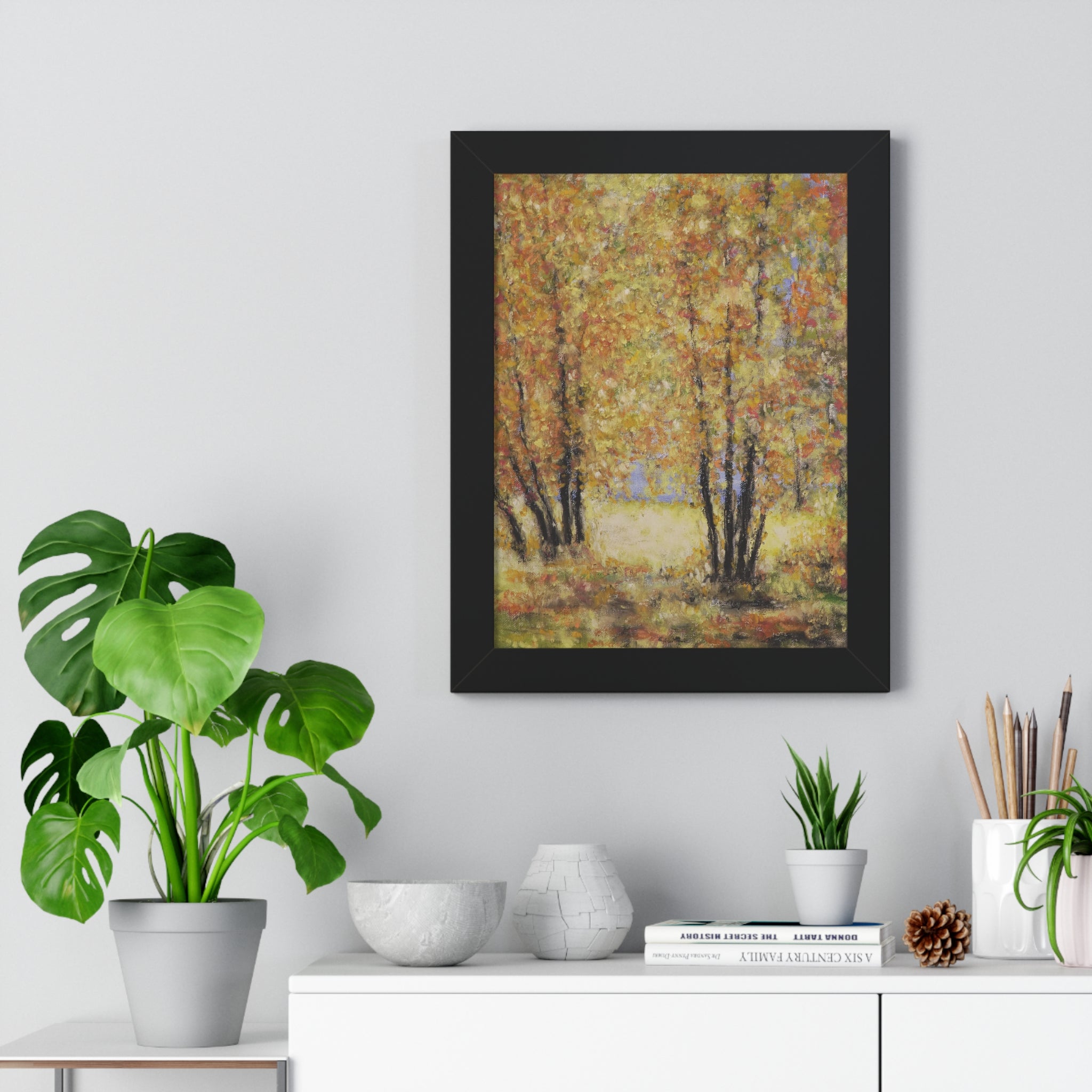 Autumn Grove Framed Poster — Vertical Fall Landscape Wall Art