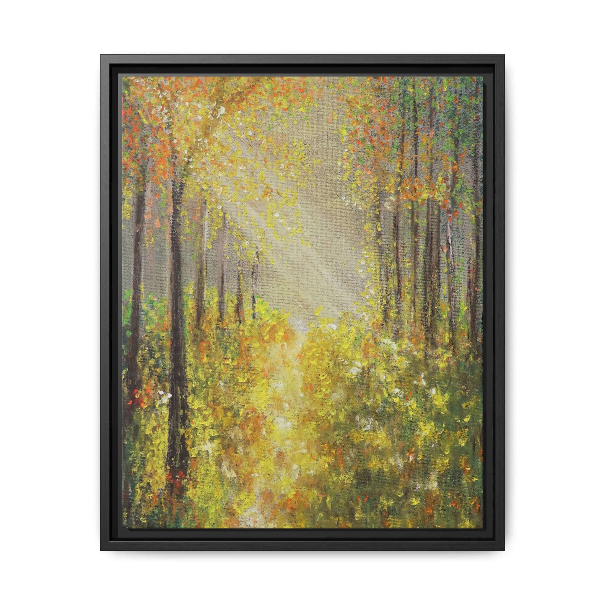Sunlit Forest Path Framed Canvas Art — Autumn Woodland Wall Decor