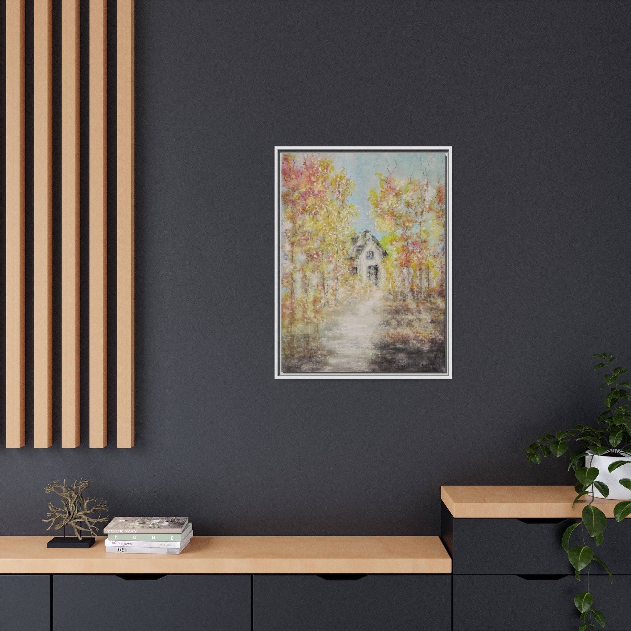 Framed Autumn Cottage Canvas Print — Rustic Fall Landscape Wall Art
