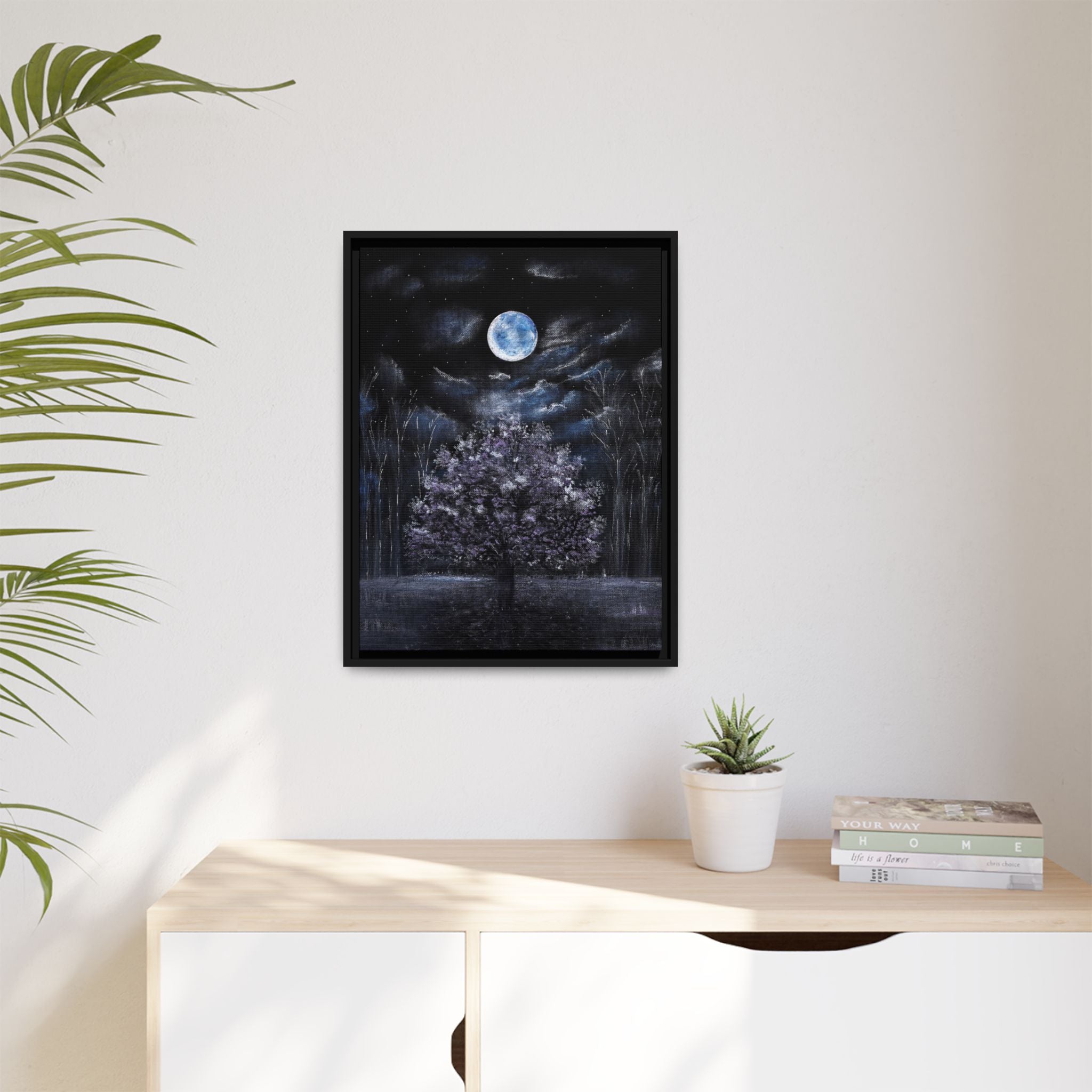 Framed Matte Canvas Art — Moonlit Tree Nightscape