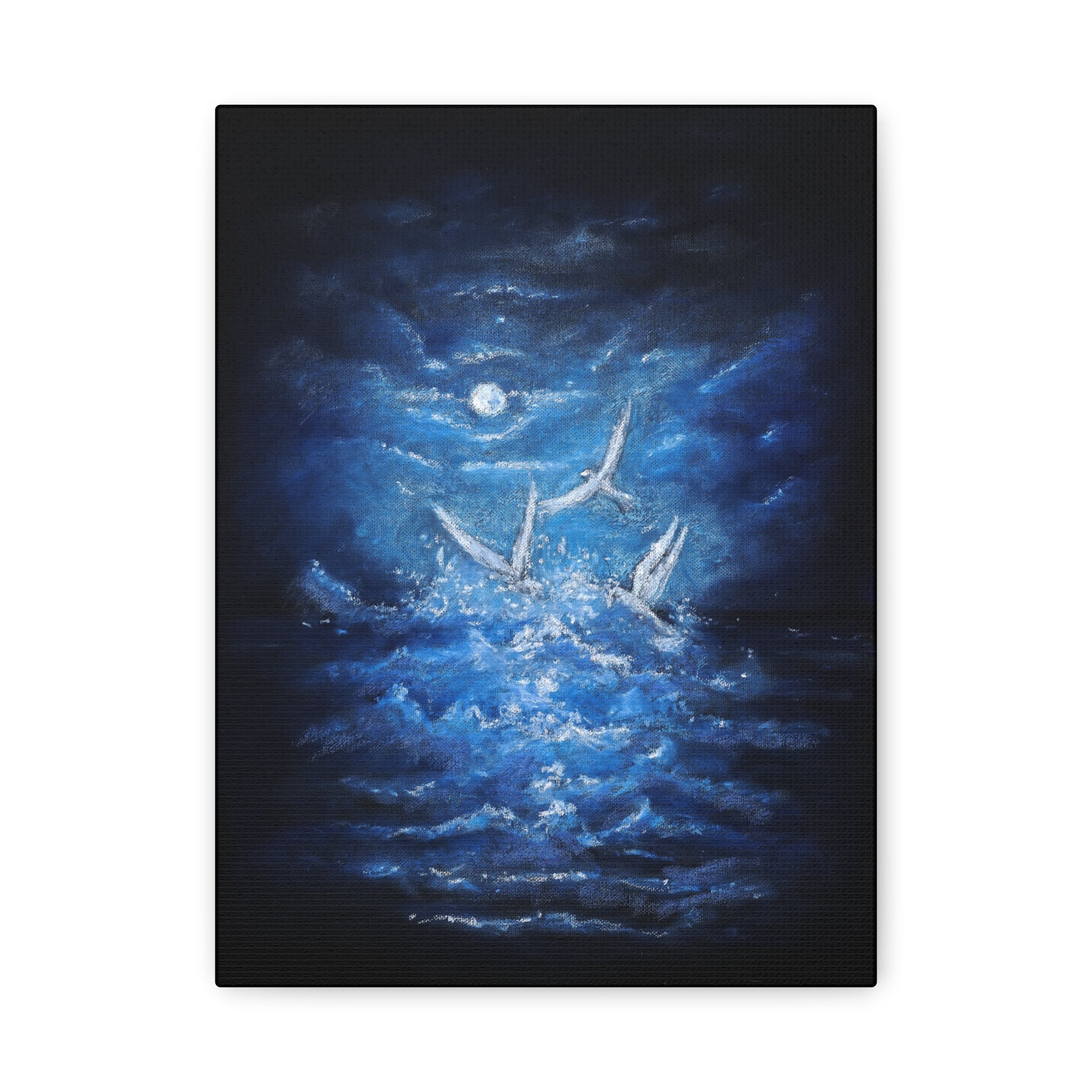 Moonlit White Birds Matte Stretched Canvas – Serene Ocean Wall Art