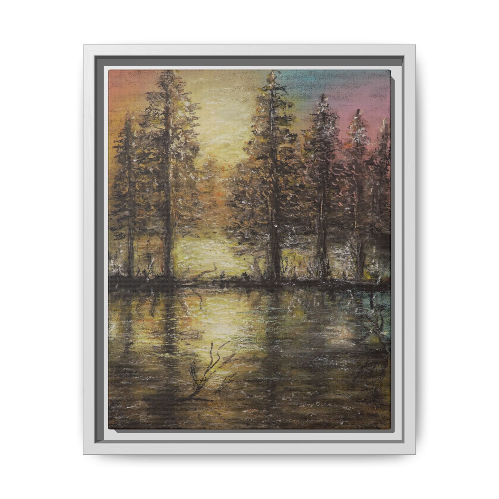 Framed Matte Canvas Wall Art — Sunset Forest Reflection