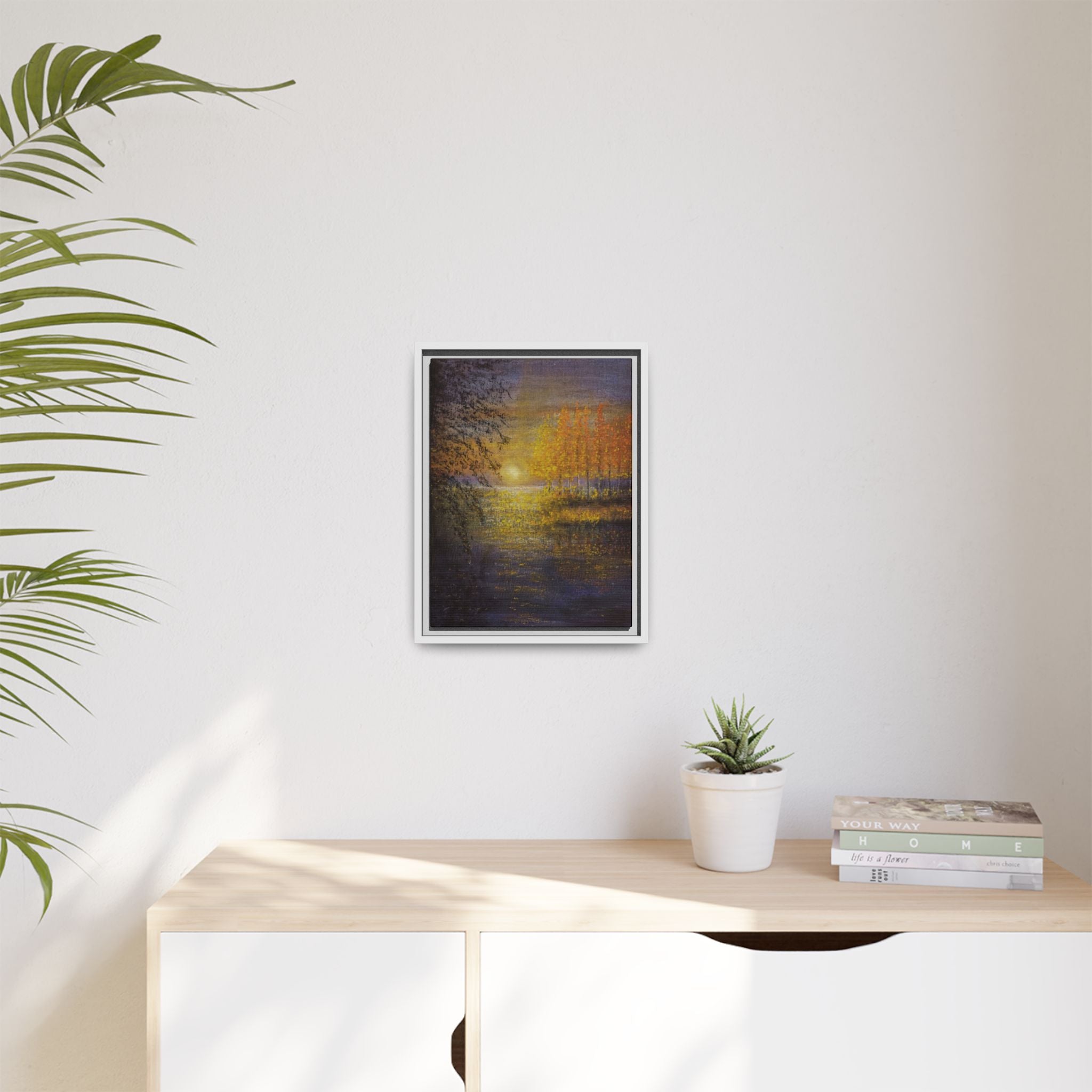 Framed Matte Canvas Painting - Golden Trees Over Tranquil Lake