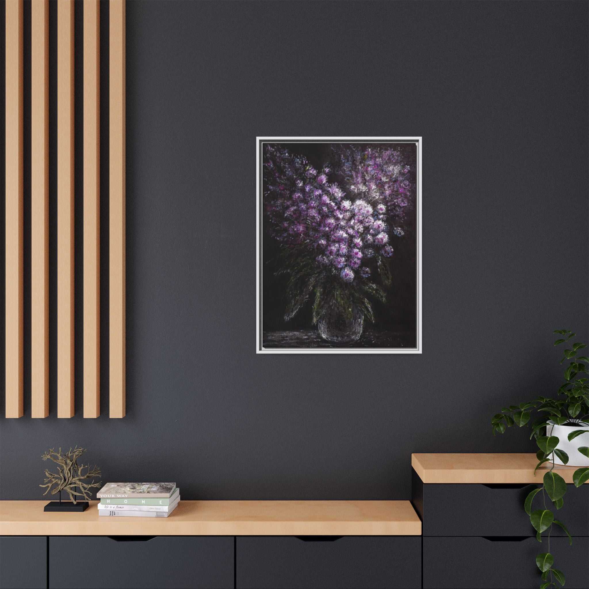 Framed Matte Canvas: Moody Purple Floral Bouquet Wall Art