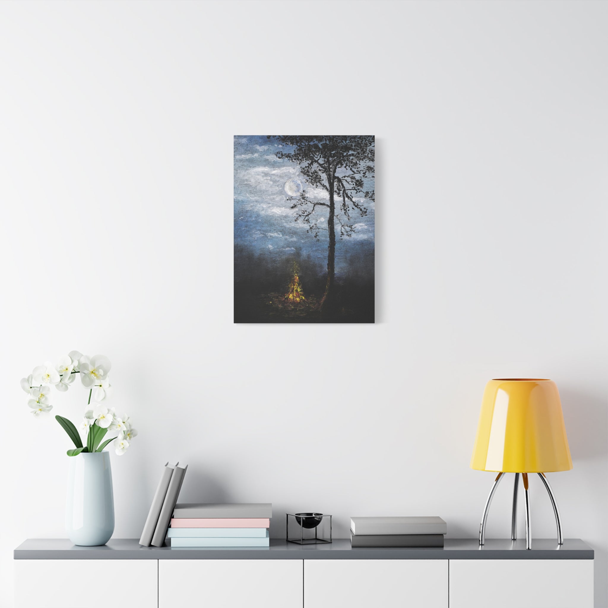 Moonlit Campfire Matte Canvas Wall Art — Night Forest Landscape