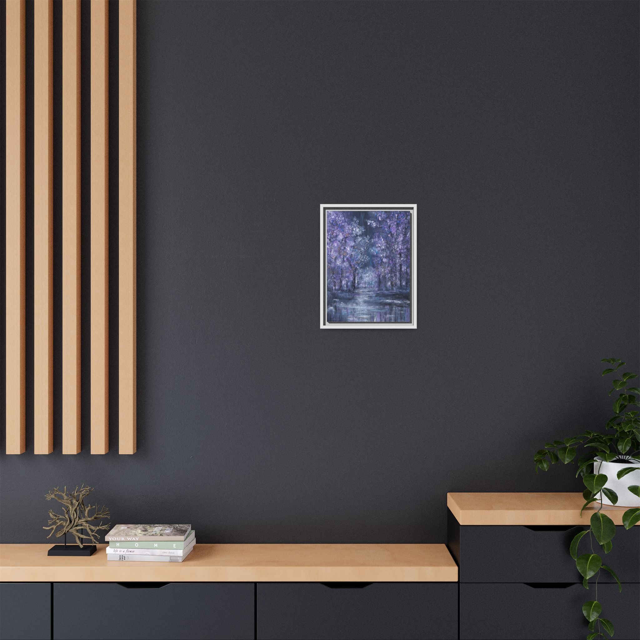 Framed Matte Canvas Art – Lavender Forest Moonlit Landscape