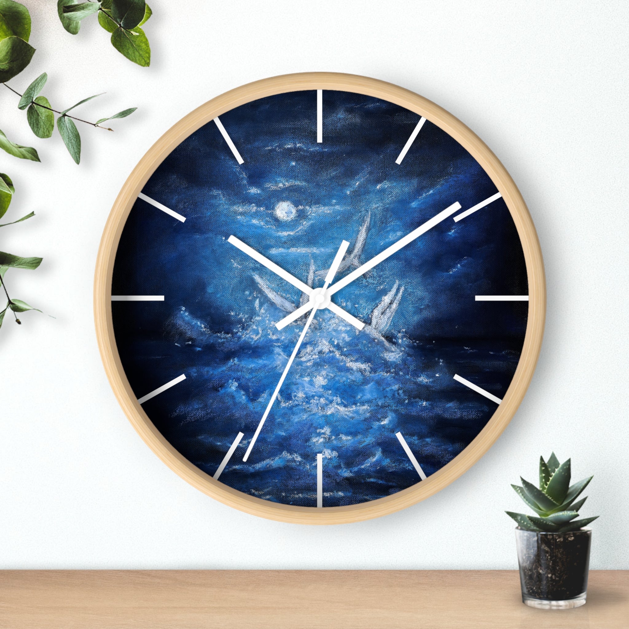Blue Ocean Birds Wall Clock – Moonlit Sea White Birds Art