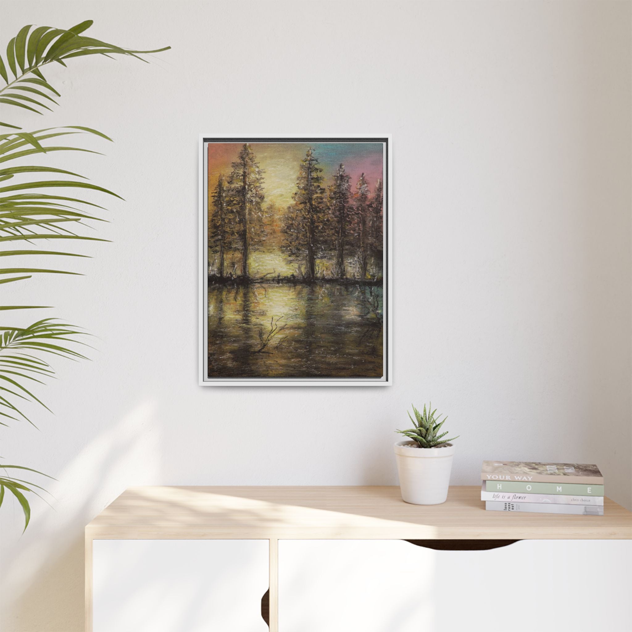 Framed Matte Canvas Wall Art — Sunset Forest Reflection