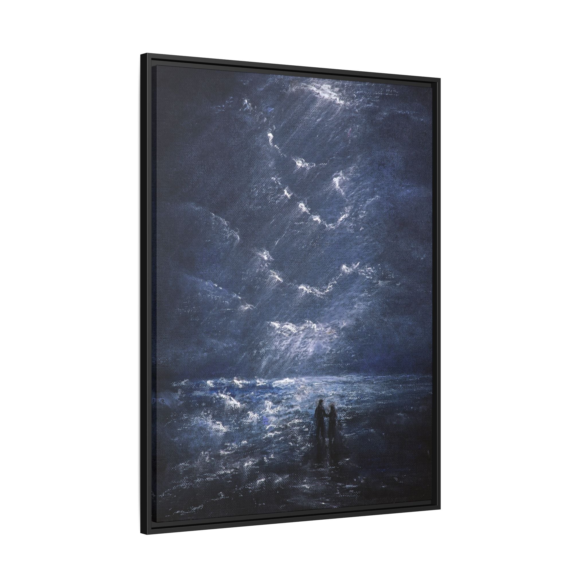Couple on Shore at Night - Framed Canvas Art