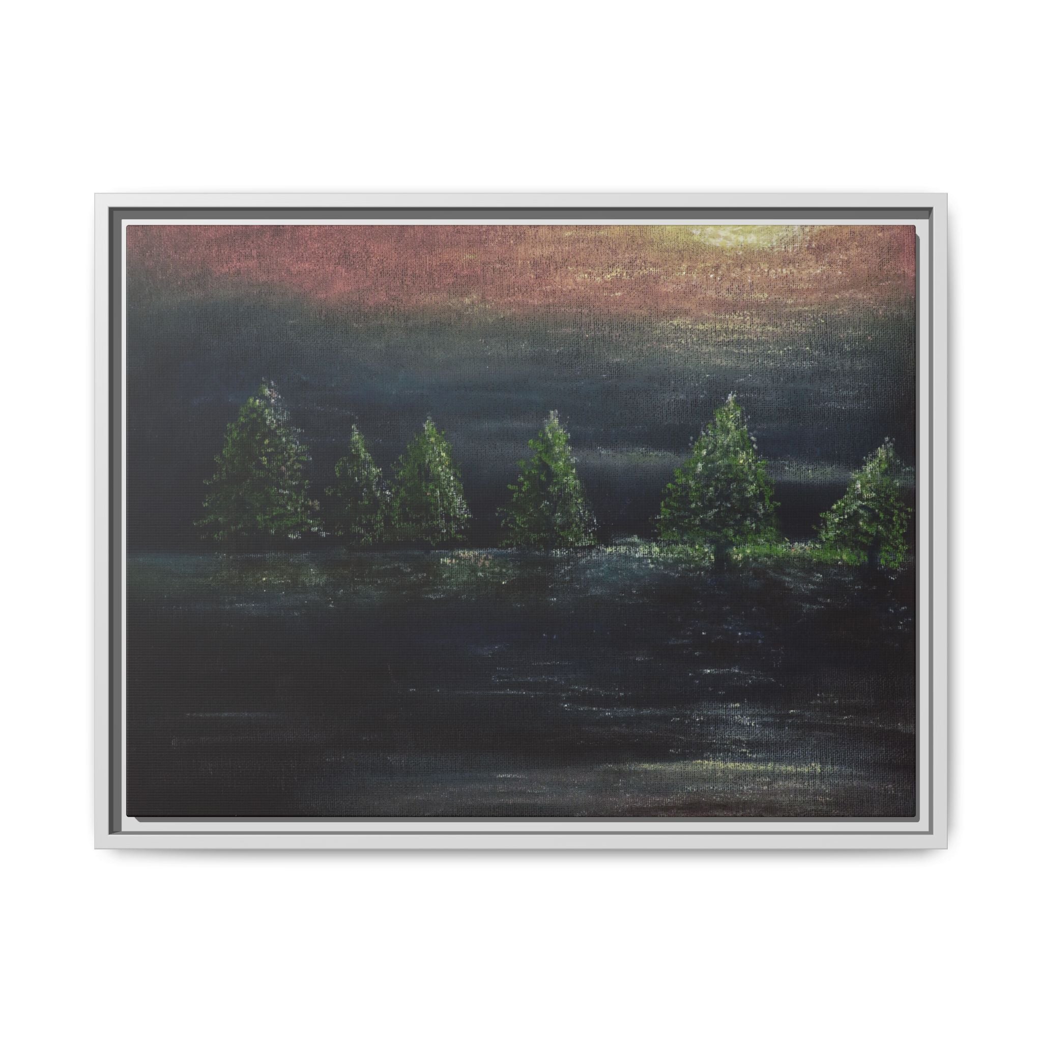 Framed Matte Canvas Wall Art — Moonlit Pine Trees Landscape