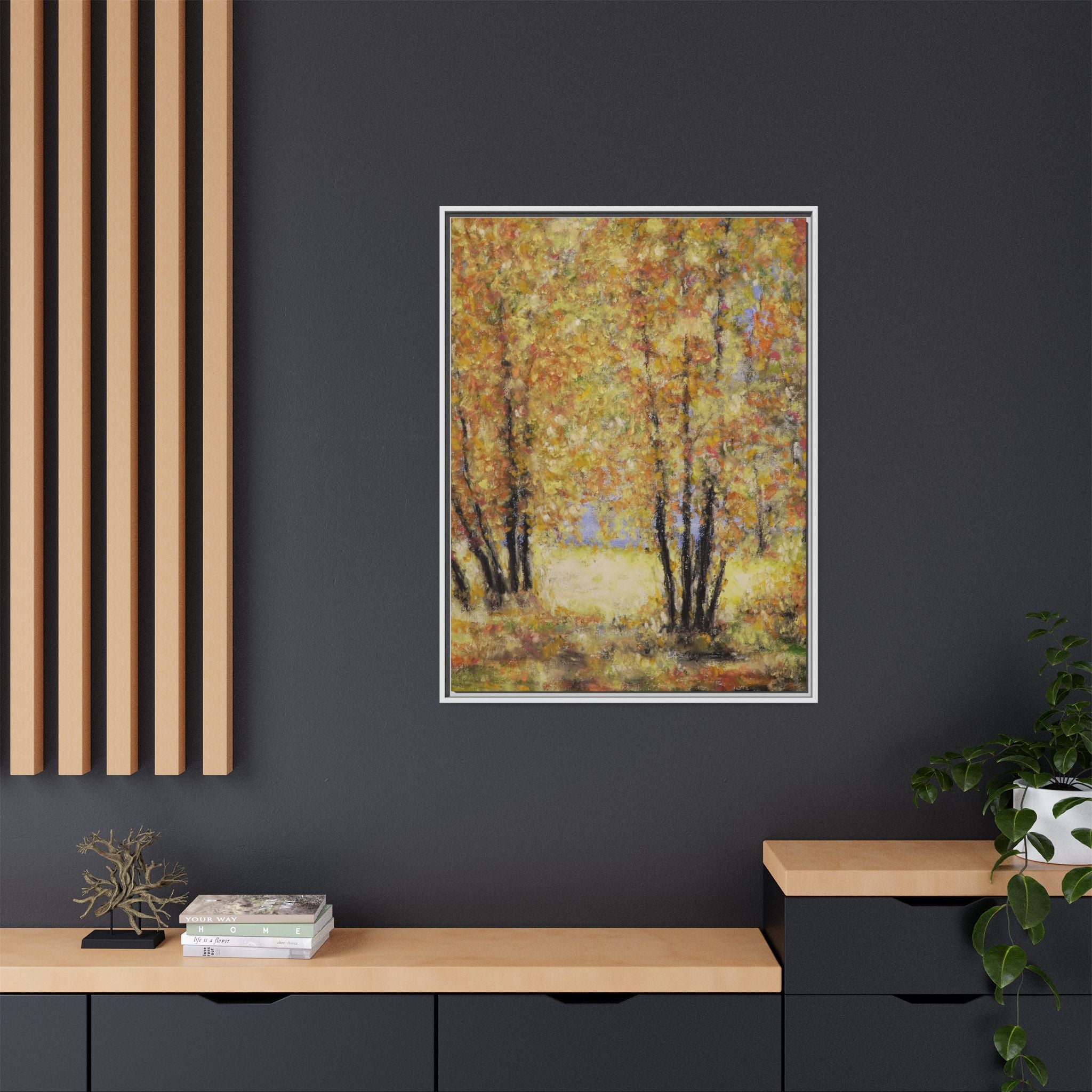 Framed Matte Canvas Autumn Forest Wall Art — Golden Trees Landscape Print