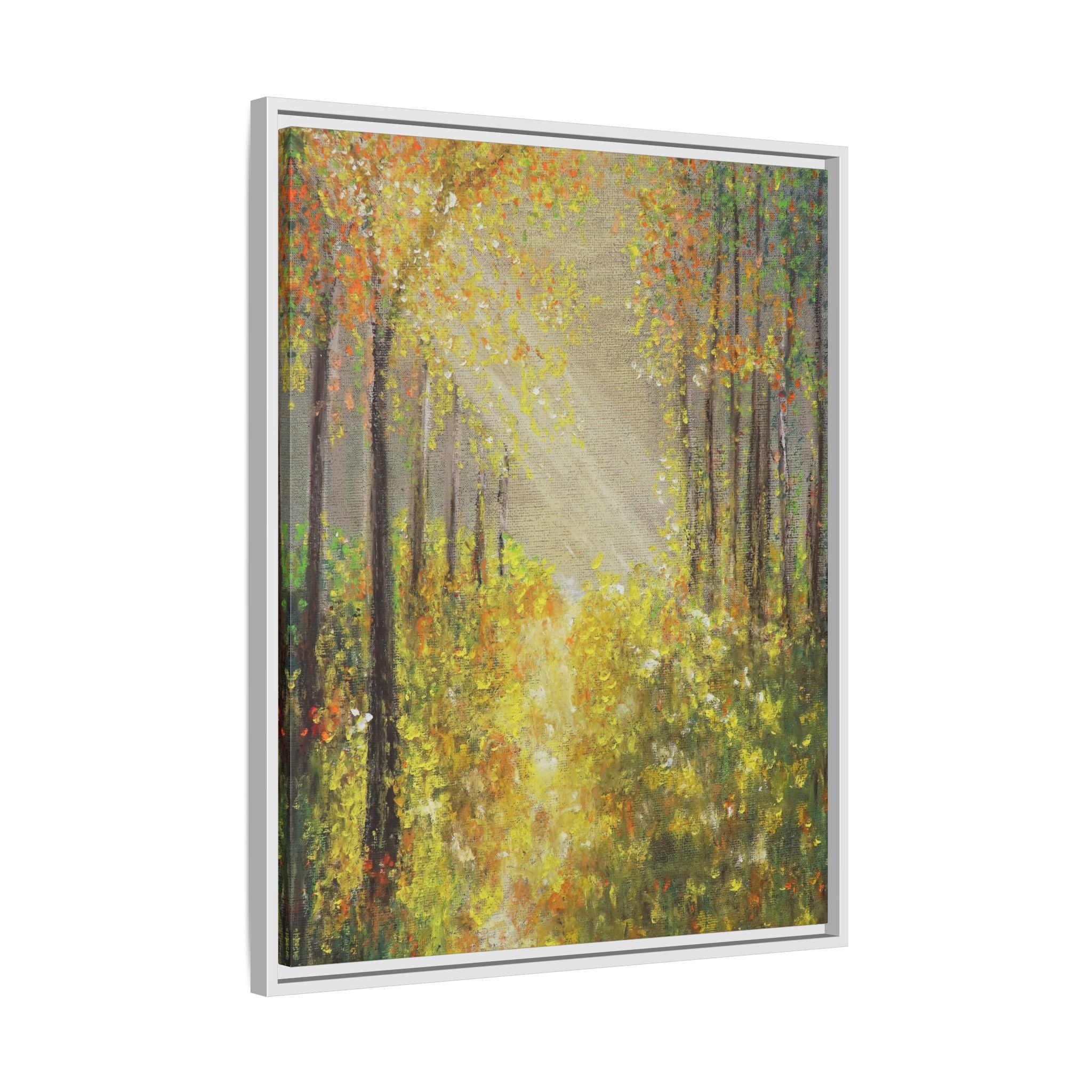 Sunlit Forest Path Framed Canvas Art — Autumn Woodland Wall Decor