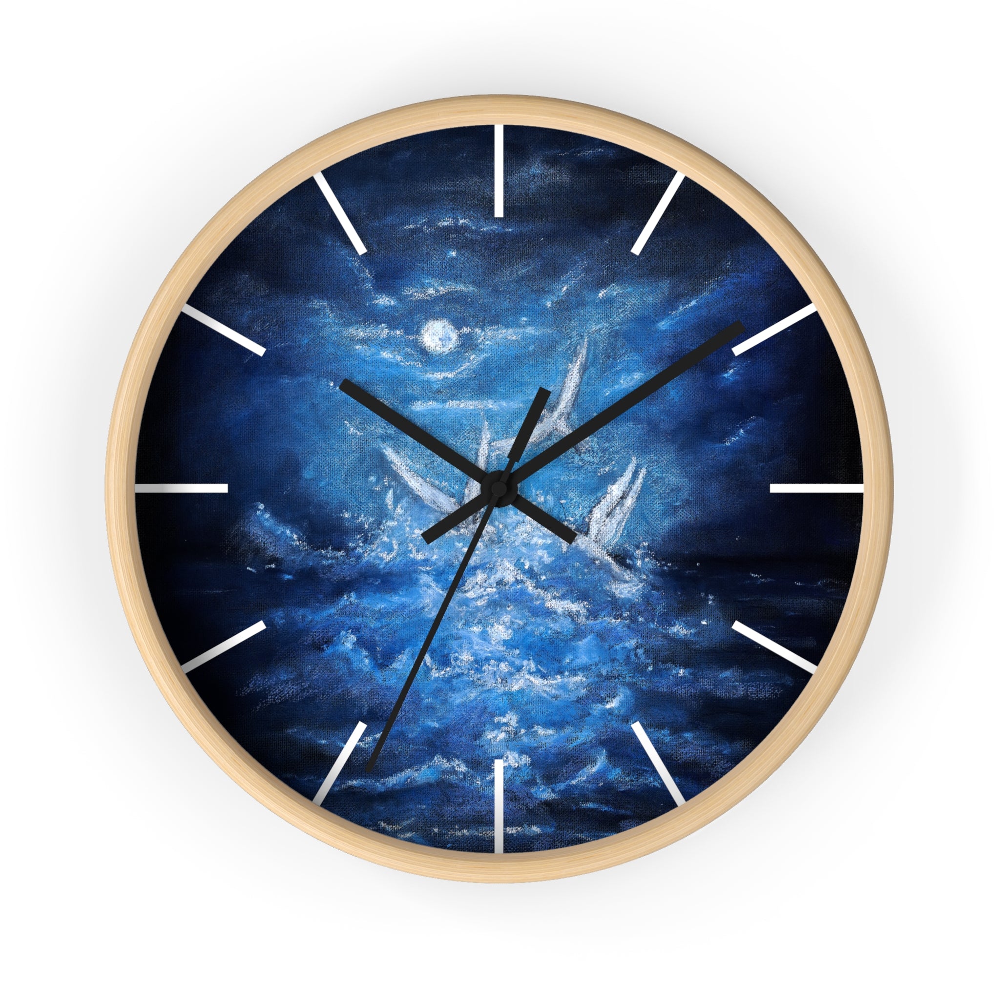 Blue Ocean Birds Wall Clock – Moonlit Sea White Birds Art