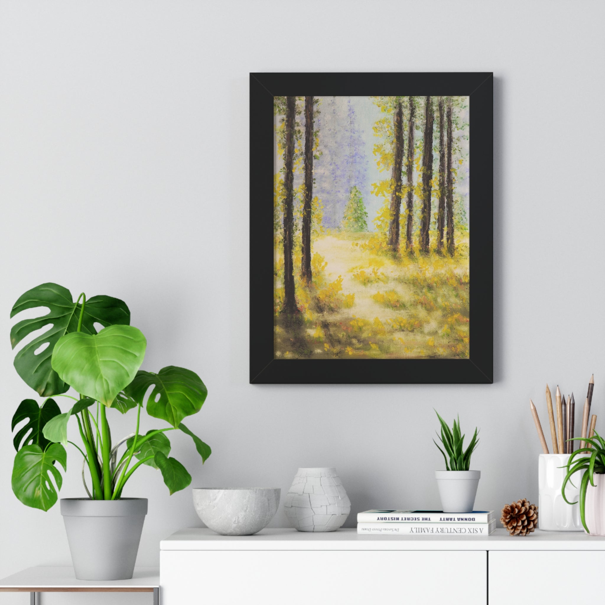 Framed Poster — Serene Sunlit Forest Painting