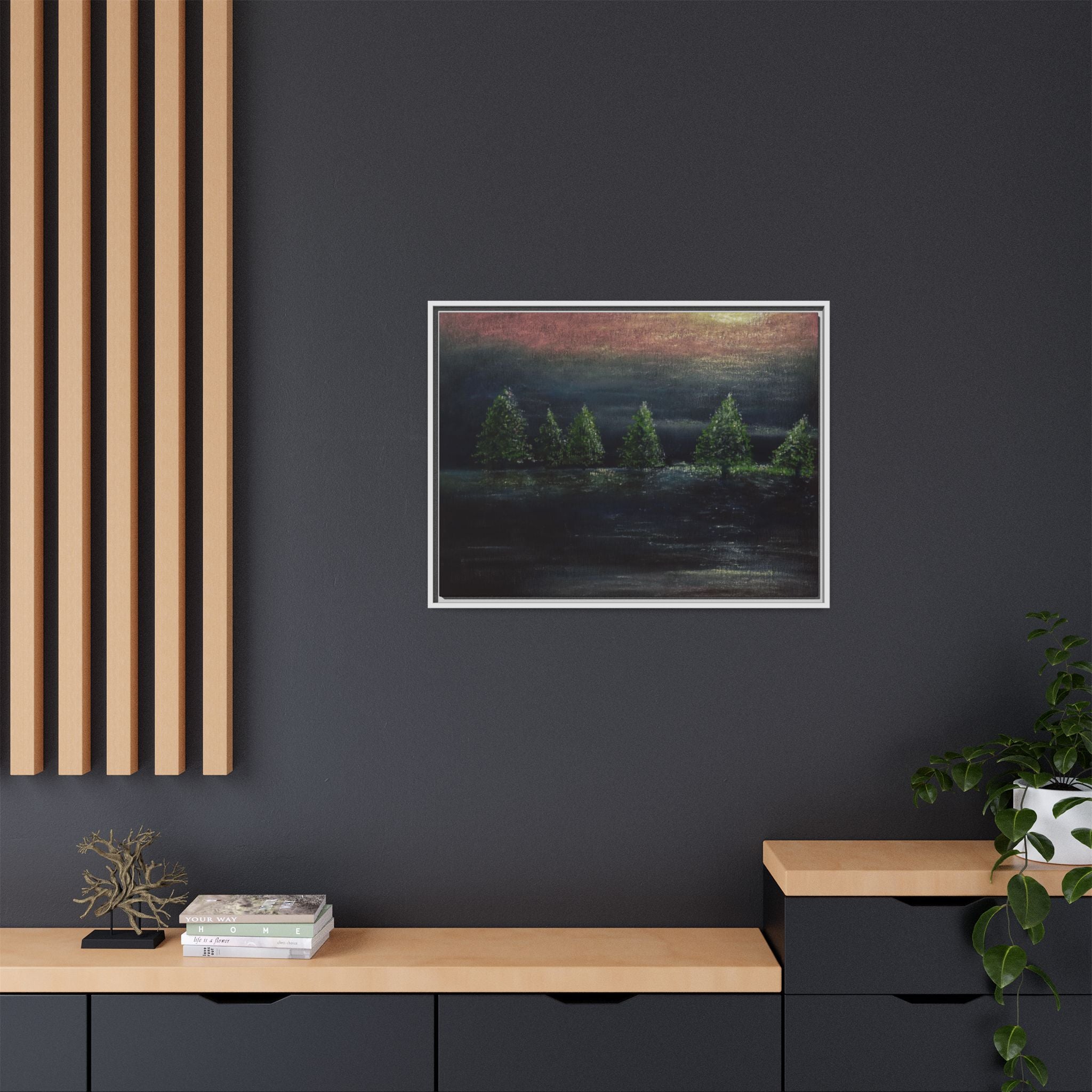 Framed Matte Canvas Wall Art — Moonlit Pine Trees Landscape