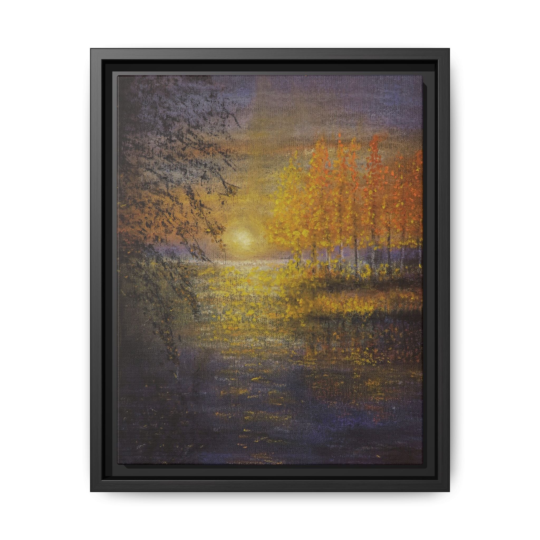 Framed Matte Canvas Painting - Golden Trees Over Tranquil Lake