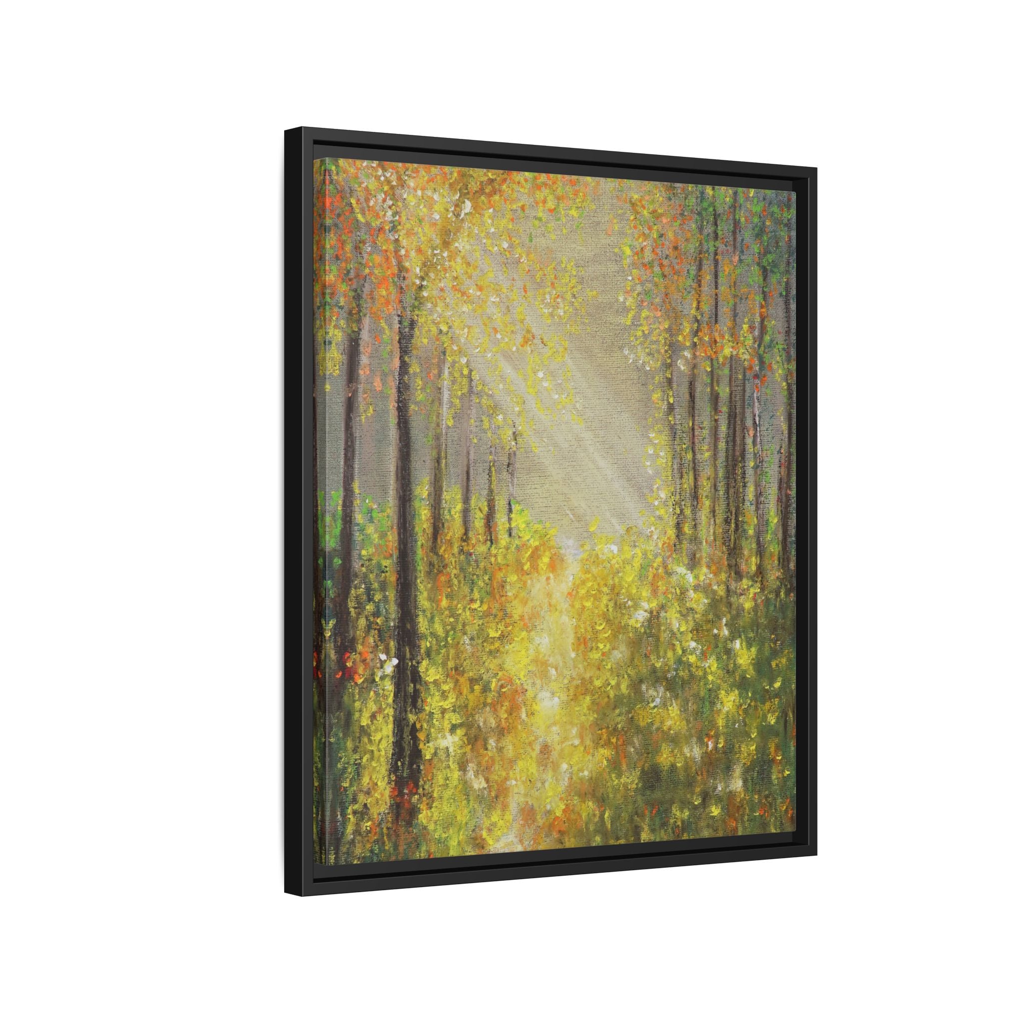 Sunlit Forest Path Framed Canvas Art — Autumn Woodland Wall Decor