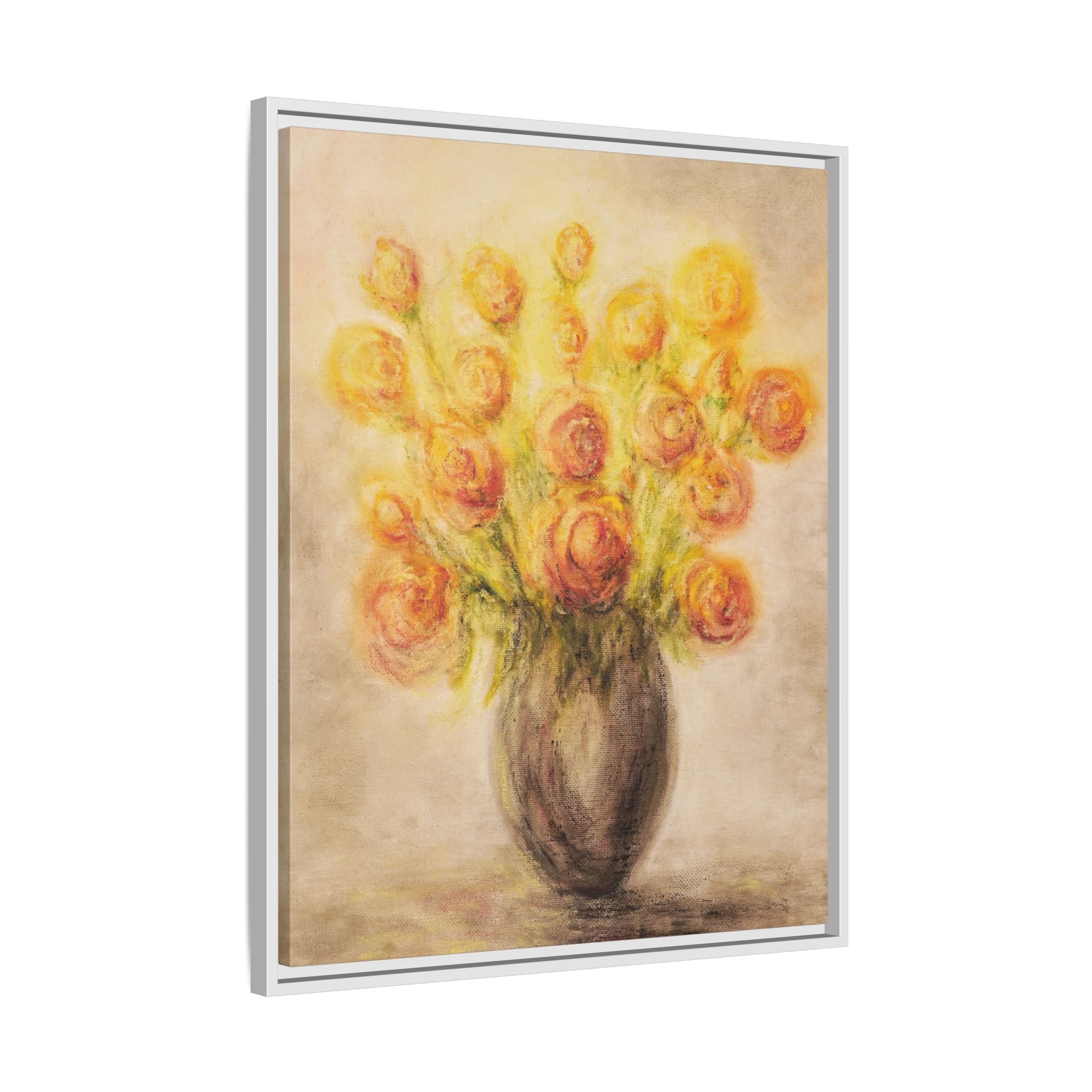 Framed Matte Canvas Floral Bouquet Wall Art — Yellow Rose Vase Print