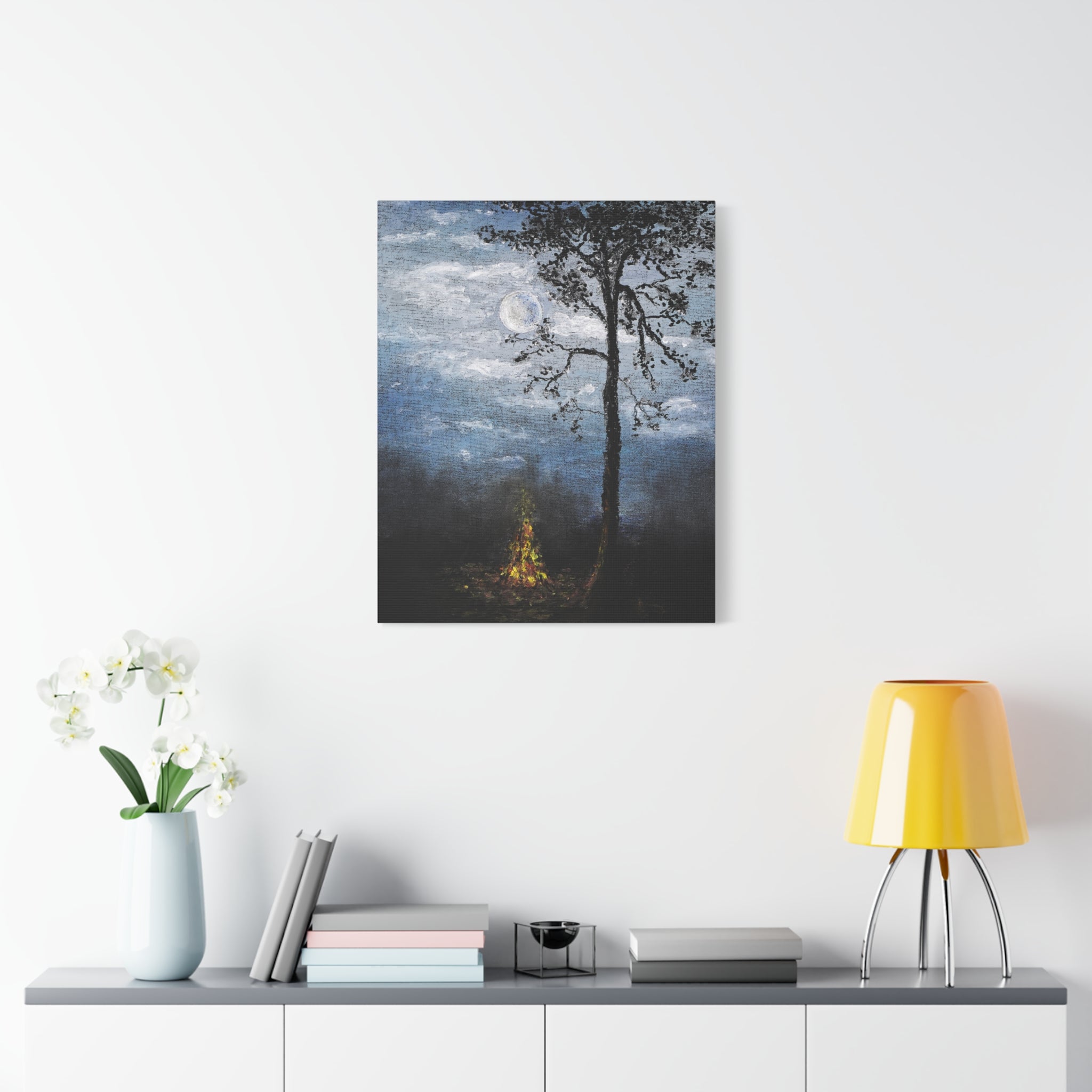 Moonlit Campfire Matte Canvas Wall Art — Night Forest Landscape