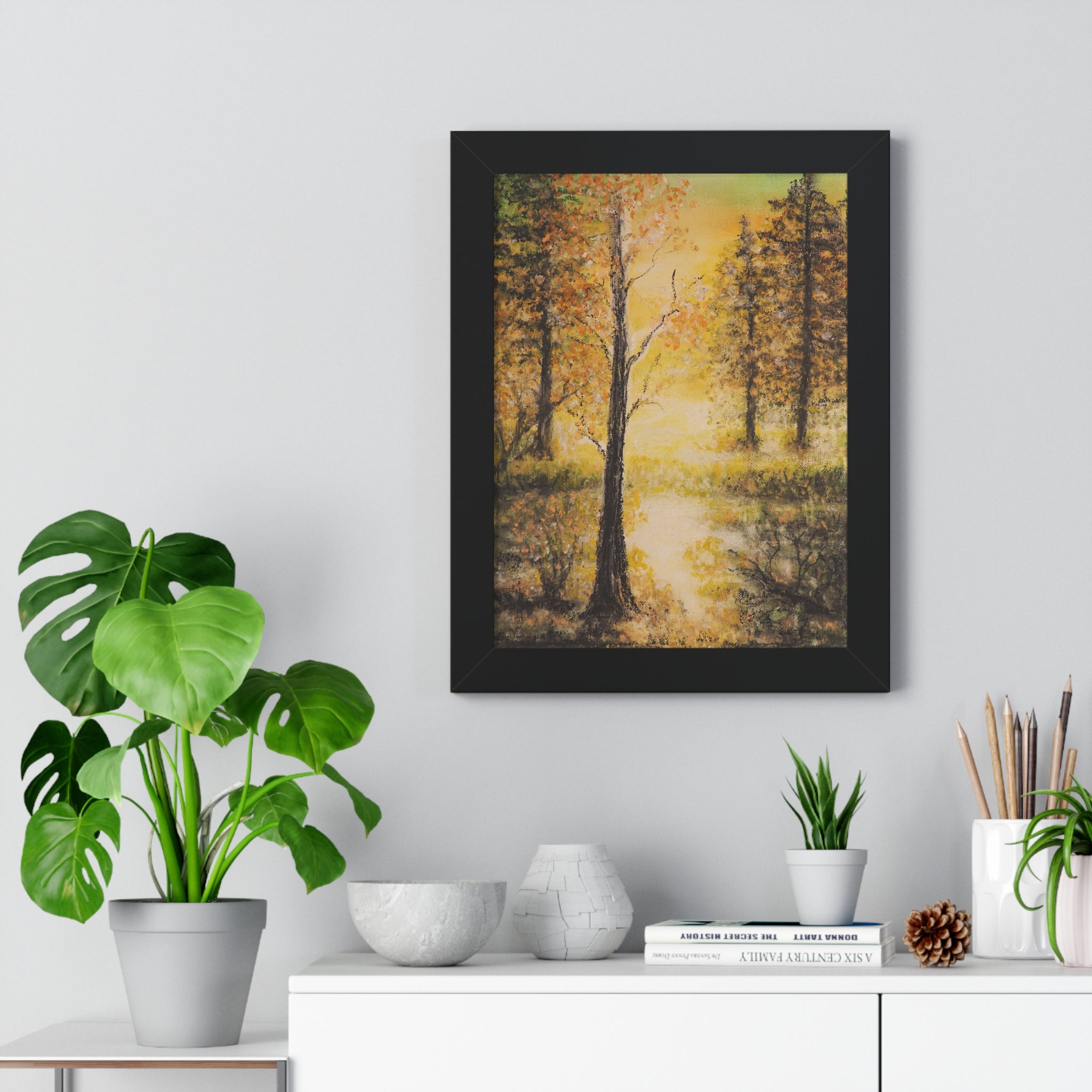 Framed Vertical Poster — Golden Forest Landscape Wall Art