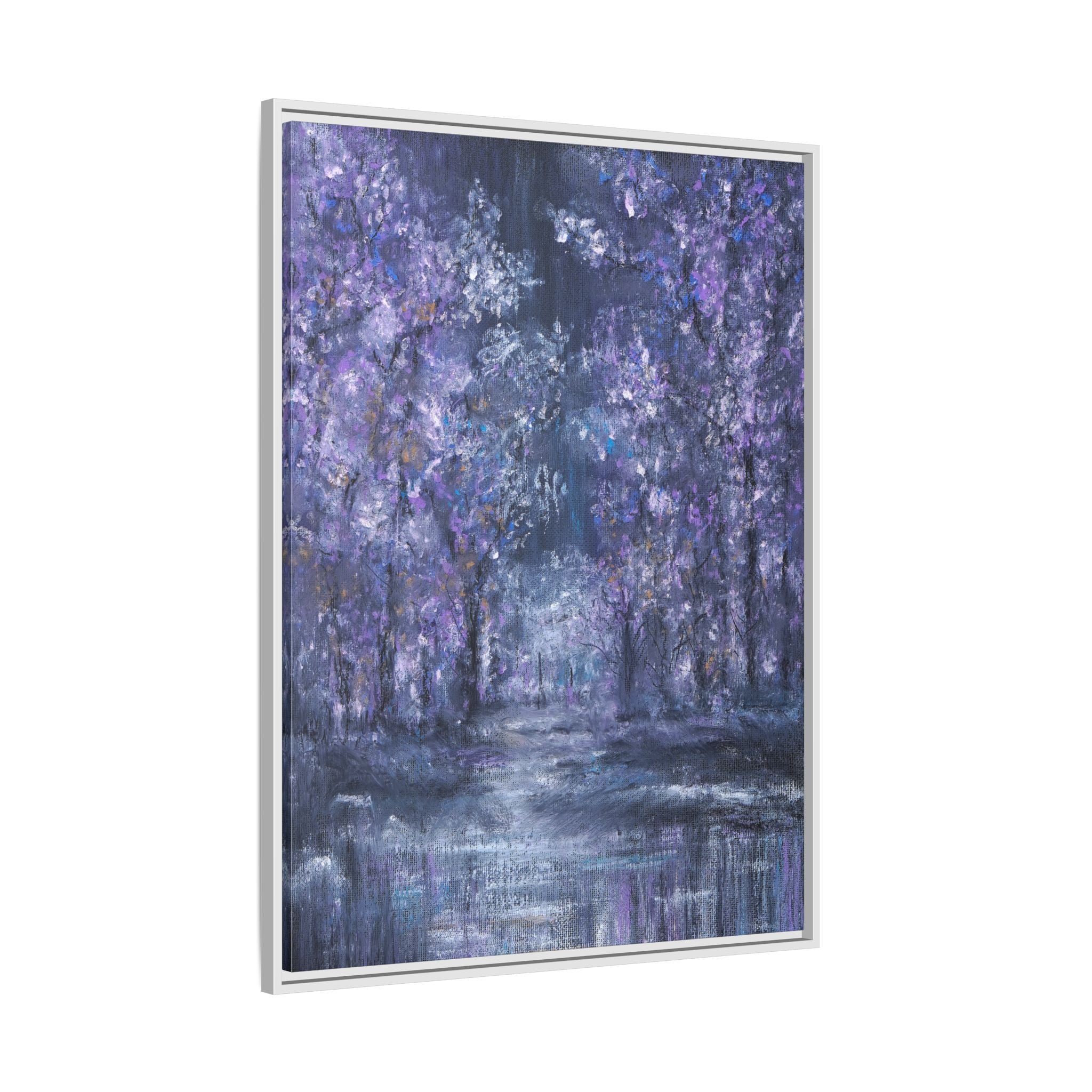 Framed Matte Canvas Art – Lavender Forest Moonlit Landscape