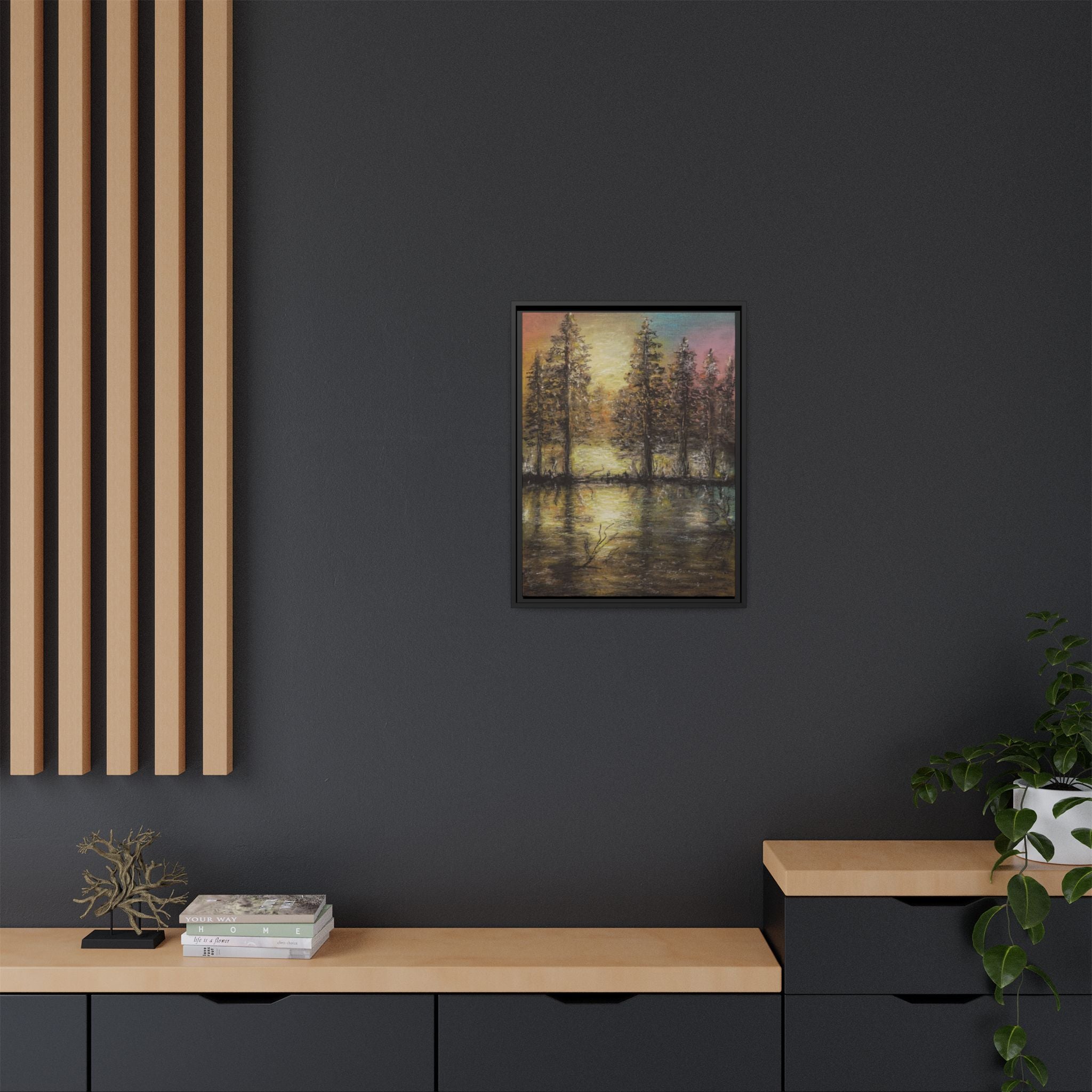 Framed Matte Canvas Wall Art — Sunset Forest Reflection
