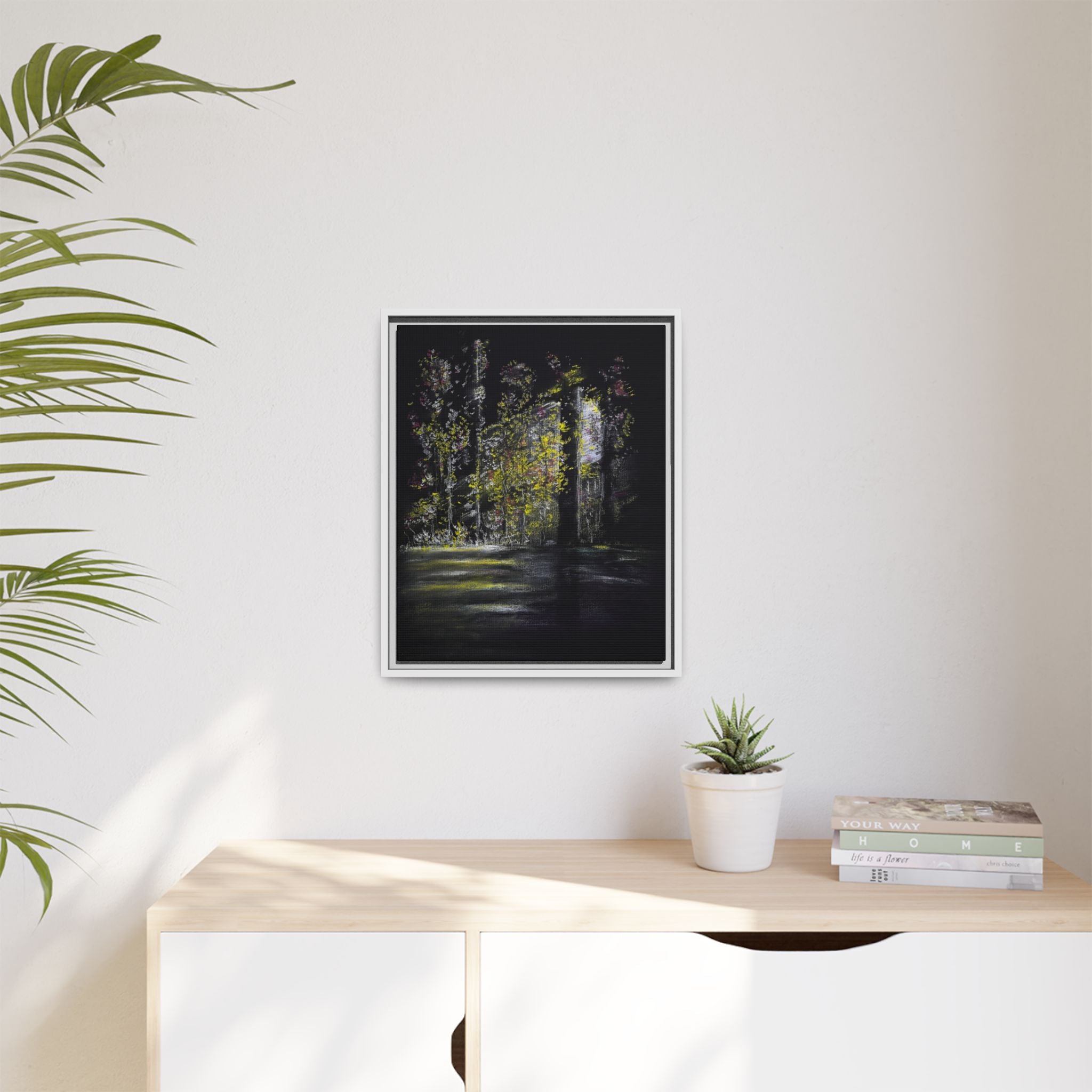 Framed Matte Canvas Forest Nightscape – Moody Woodland Wall Art