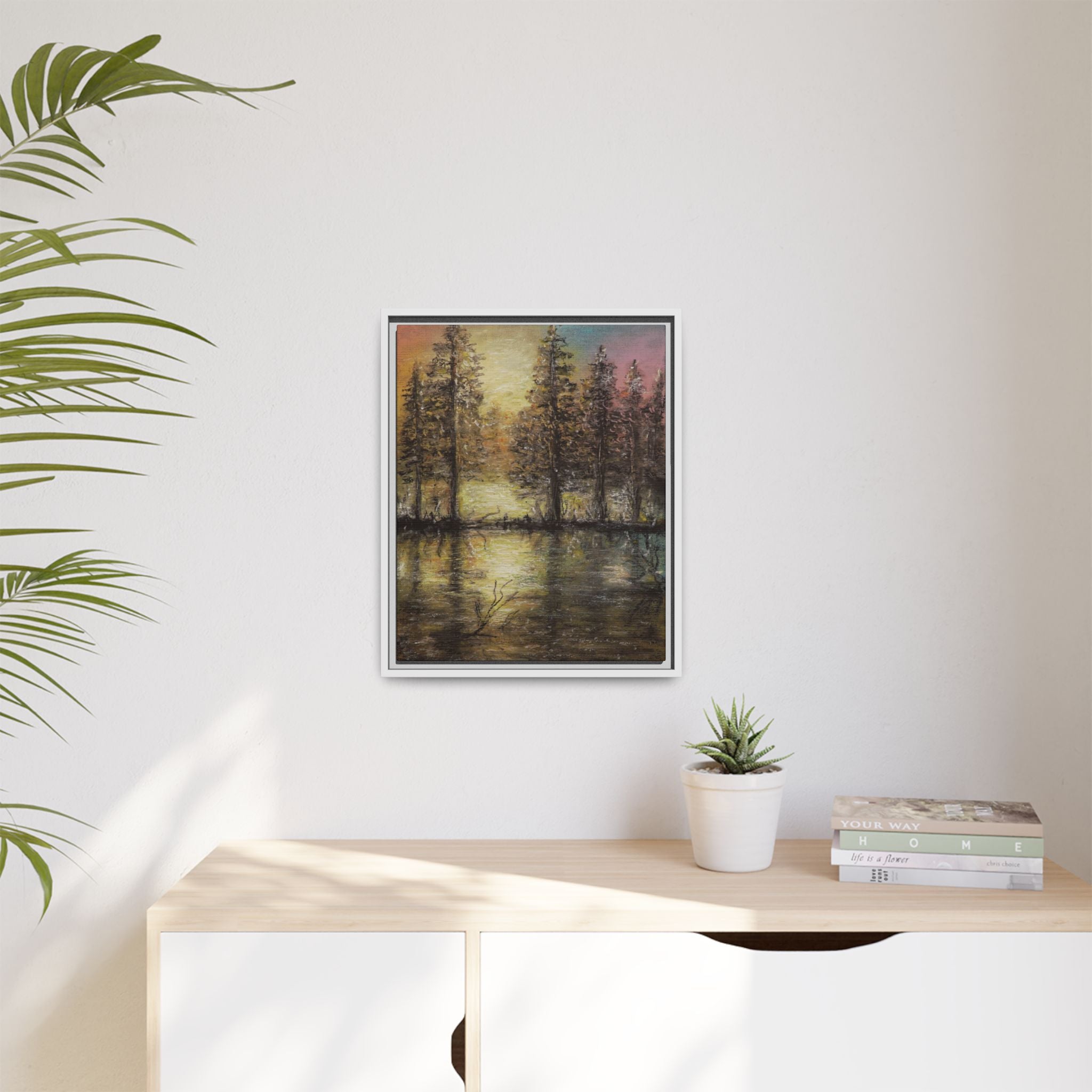 Framed Matte Canvas Wall Art — Sunset Forest Reflection