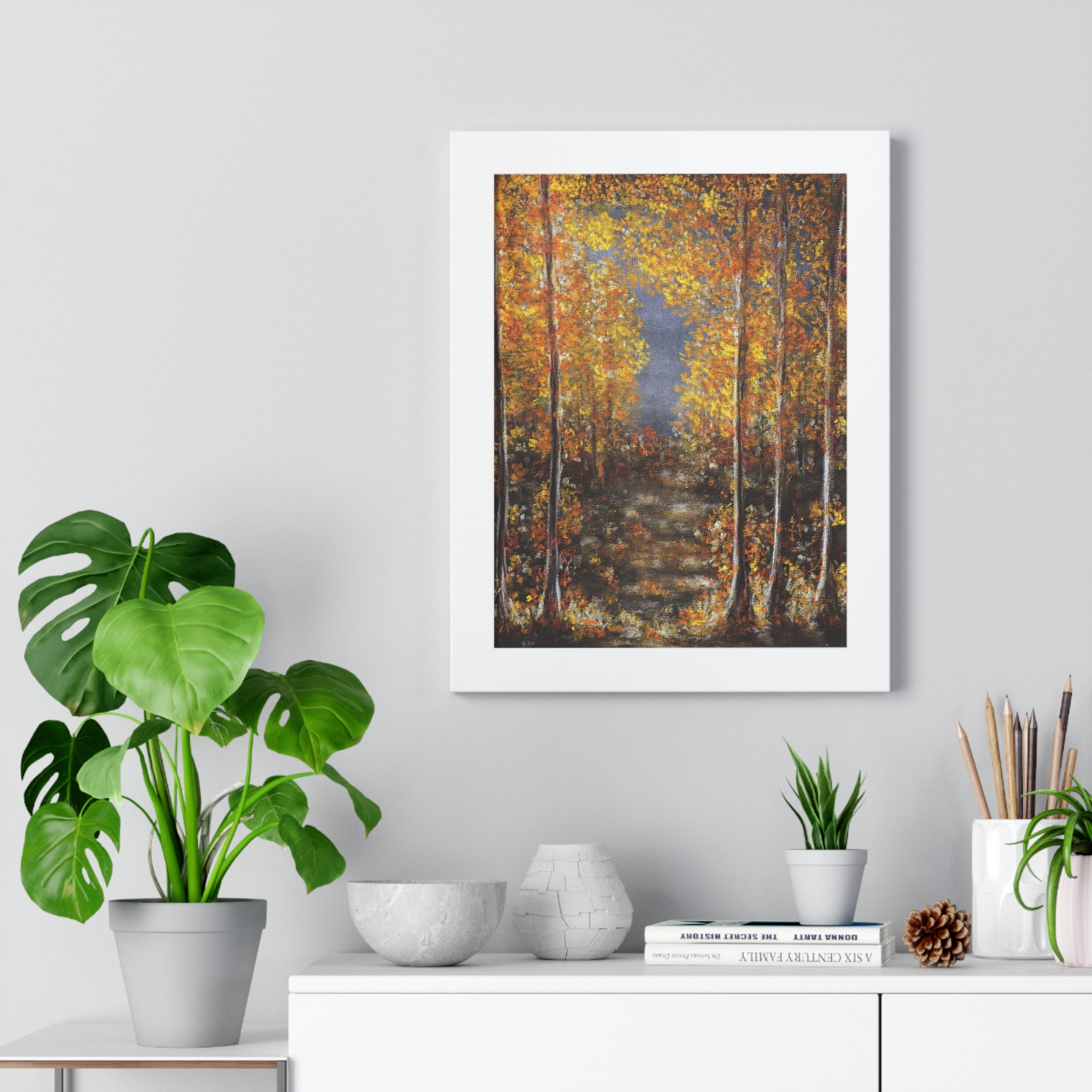 Autumn Birch Forest Framed Vertical Poster – Fall Landscape Wall Art